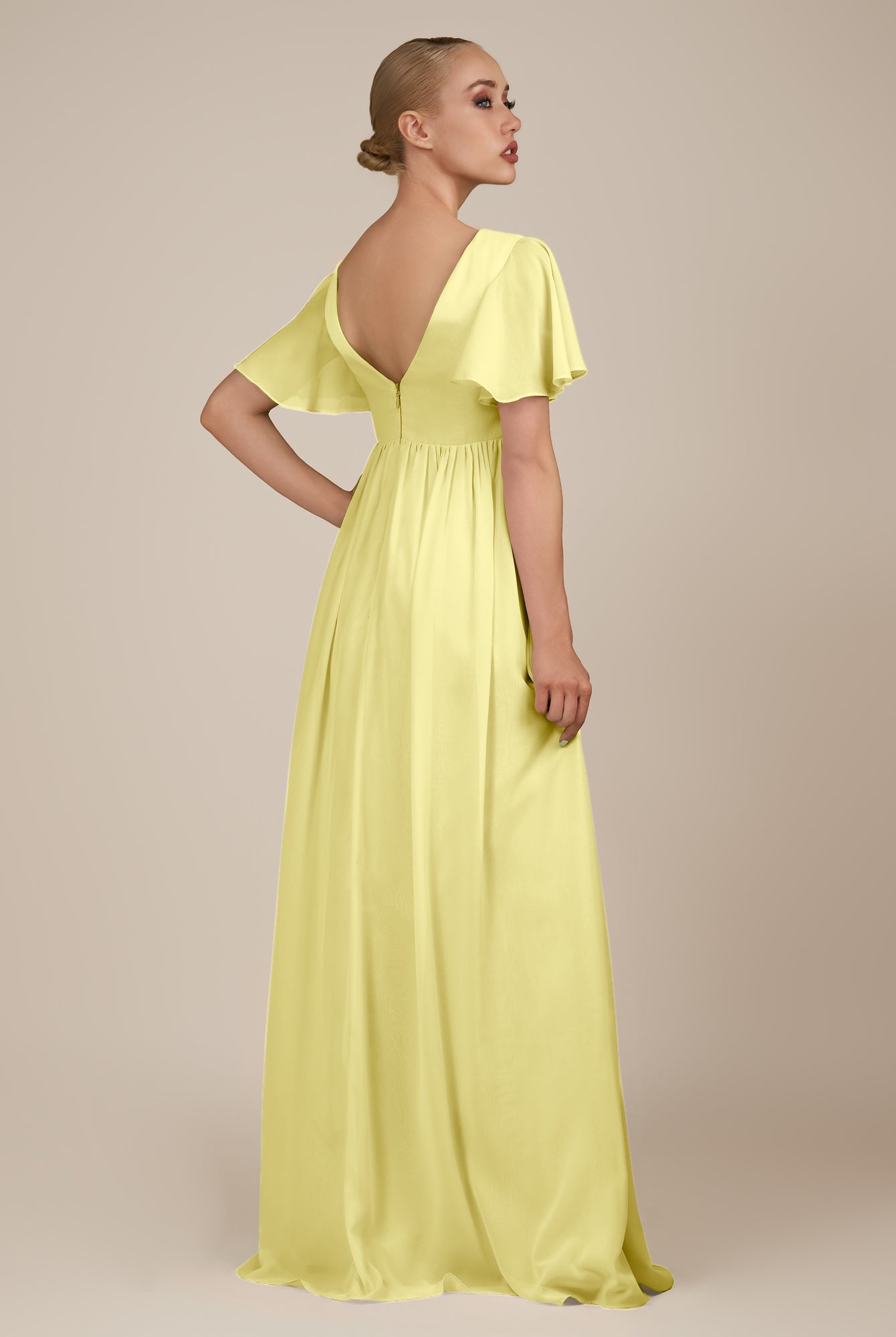 KissDress-Junia Buttercup A Line V Neck Chiffon Cap Sleeves Long Bridesmaid Dress with Slit