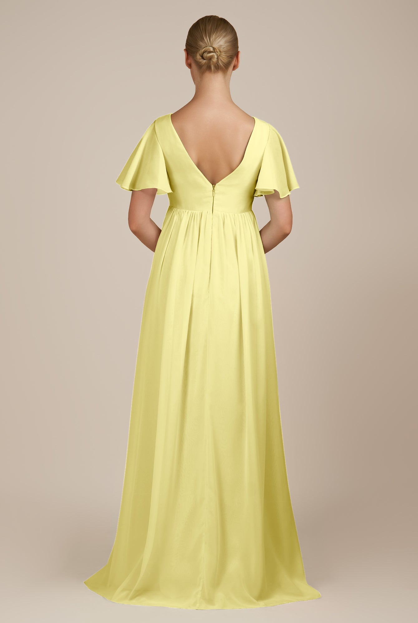 KissDress-Junia Buttercup A Line V Neck Chiffon Cap Sleeves Long Bridesmaid Dress with Slit