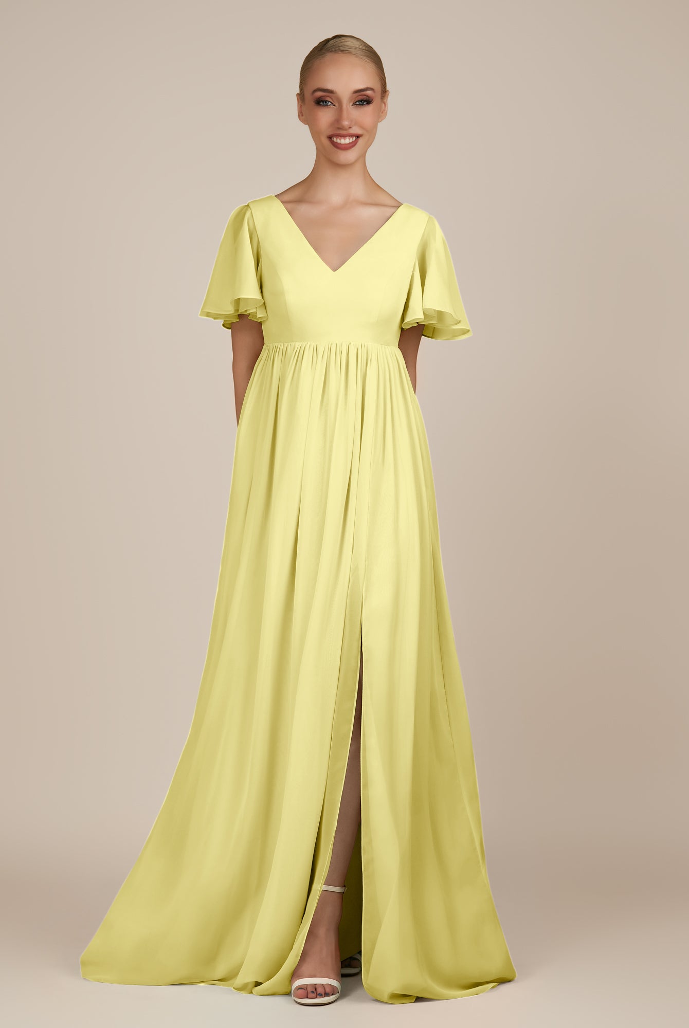 KissDress-Junia Buttercup A Line V Neck Chiffon Cap Sleeves Long Bridesmaid Dress with Slit