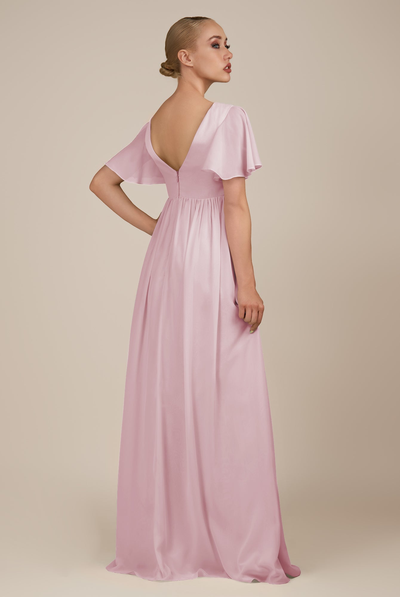 KissDress-Junia Candy Pink A Line V Neck Chiffon Cap Sleeves Long Bridesmaid Dress with Slit
