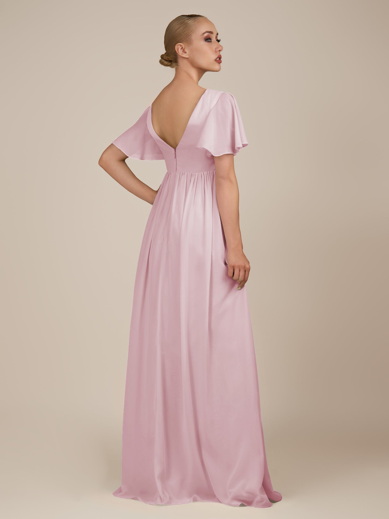 KissDress-Junia Candy Pink A Line V Neck Chiffon Cap Sleeves Long Bridesmaid Dress with Slit
