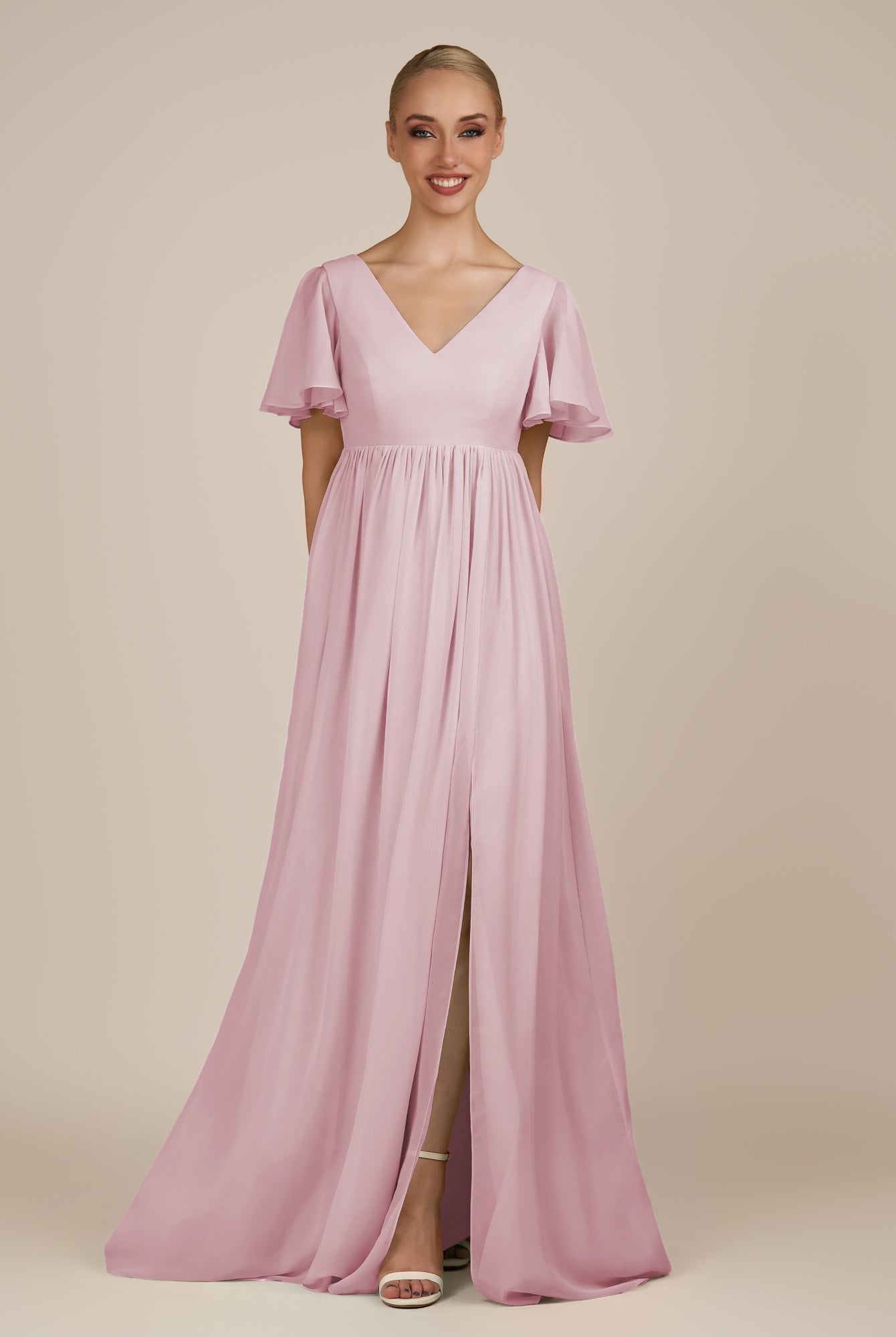 KissDress-Junia Candy Pink A Line V Neck Chiffon Cap Sleeves Long Bridesmaid Dress with Slit