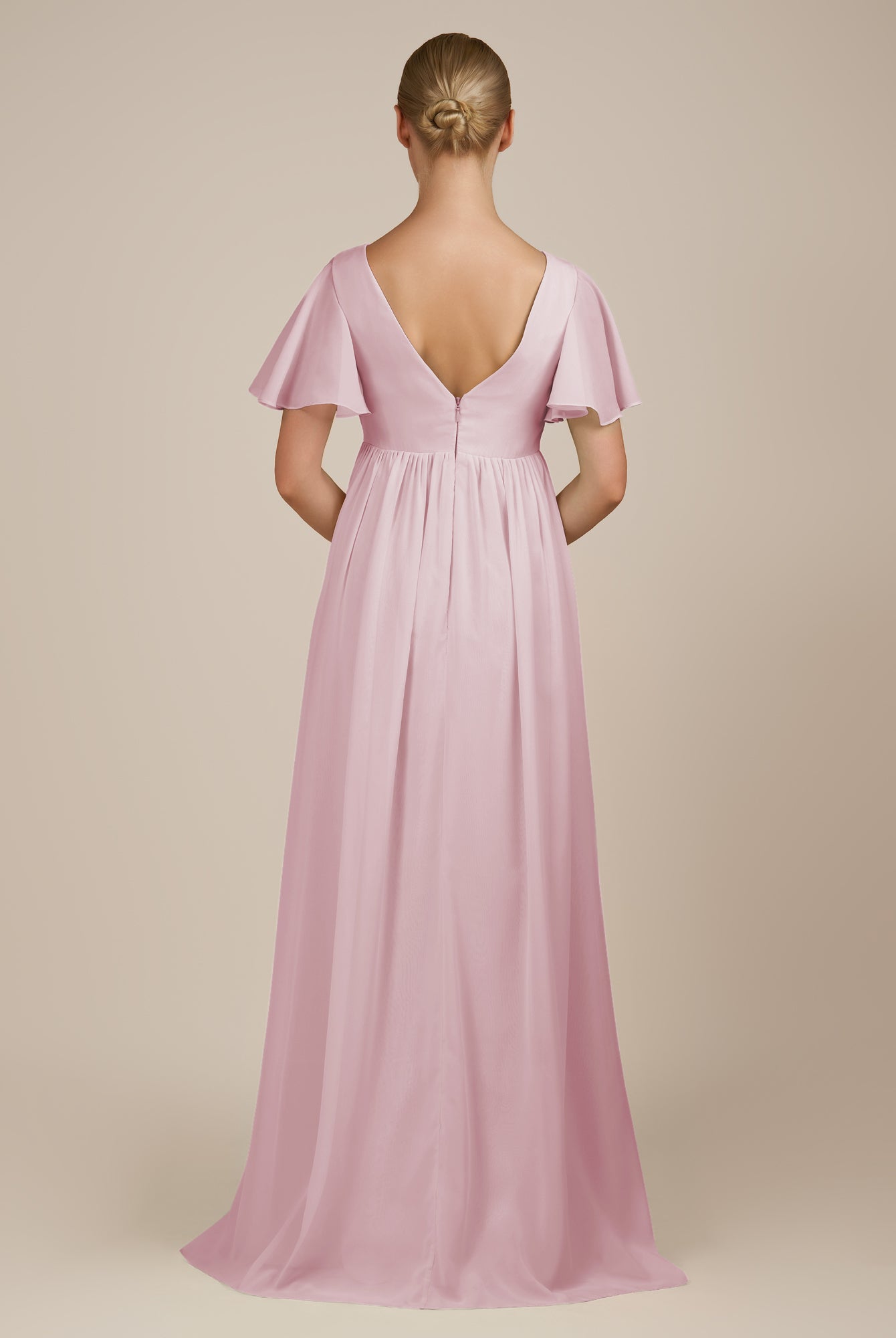 KissDress-Junia Candy Pink A Line V Neck Chiffon Cap Sleeves Long Bridesmaid Dress with Slit
