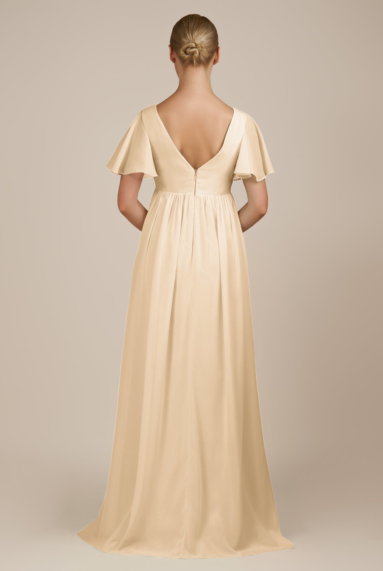 KissDress-Junia Champagne A Line V Neck Chiffon Cap Sleeves Long Bridesmaid Dress with Slit