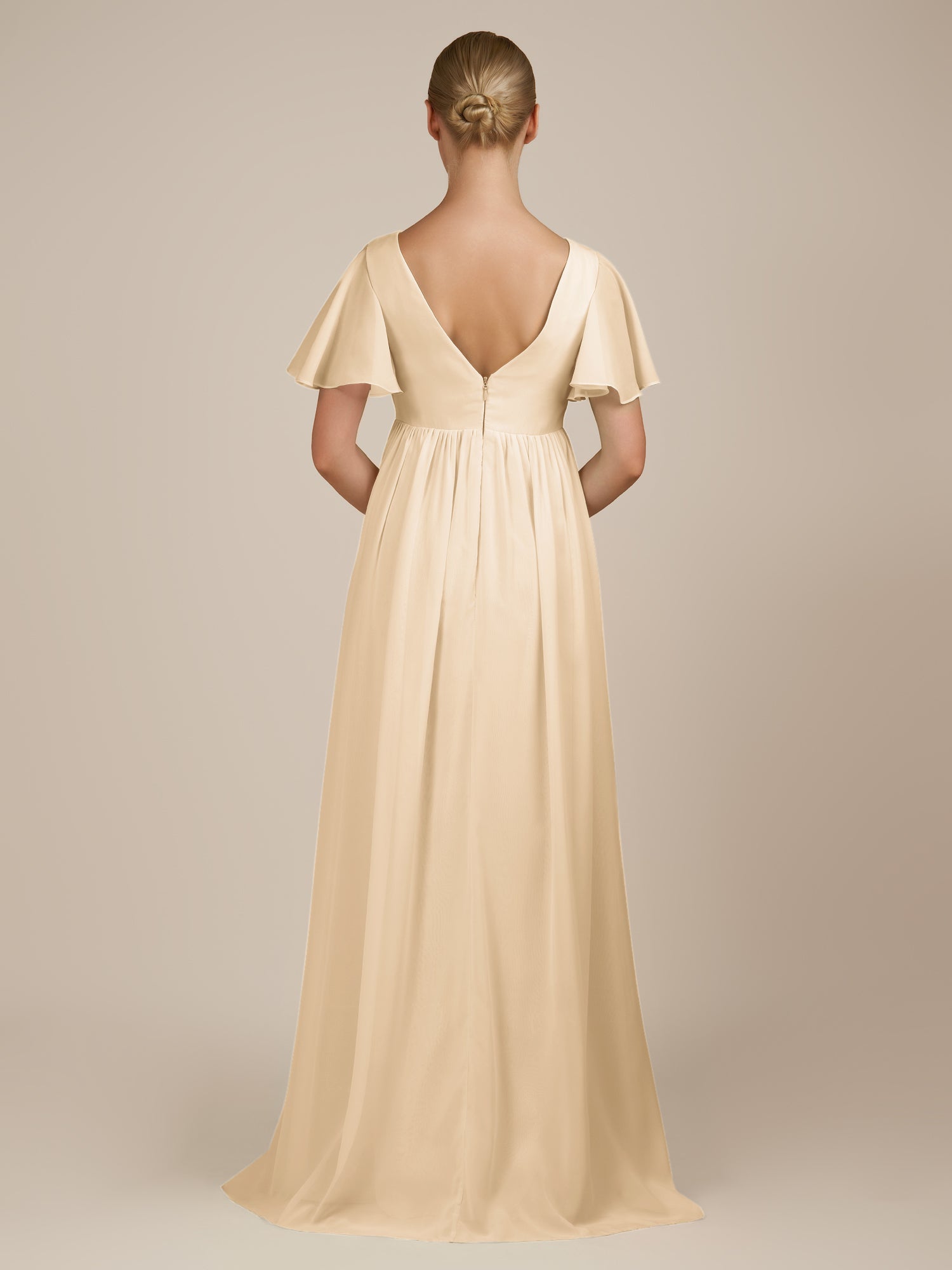 KissDress-Junia Champagne A Line V Neck Chiffon Cap Sleeves Long Bridesmaid Dress with Slit
