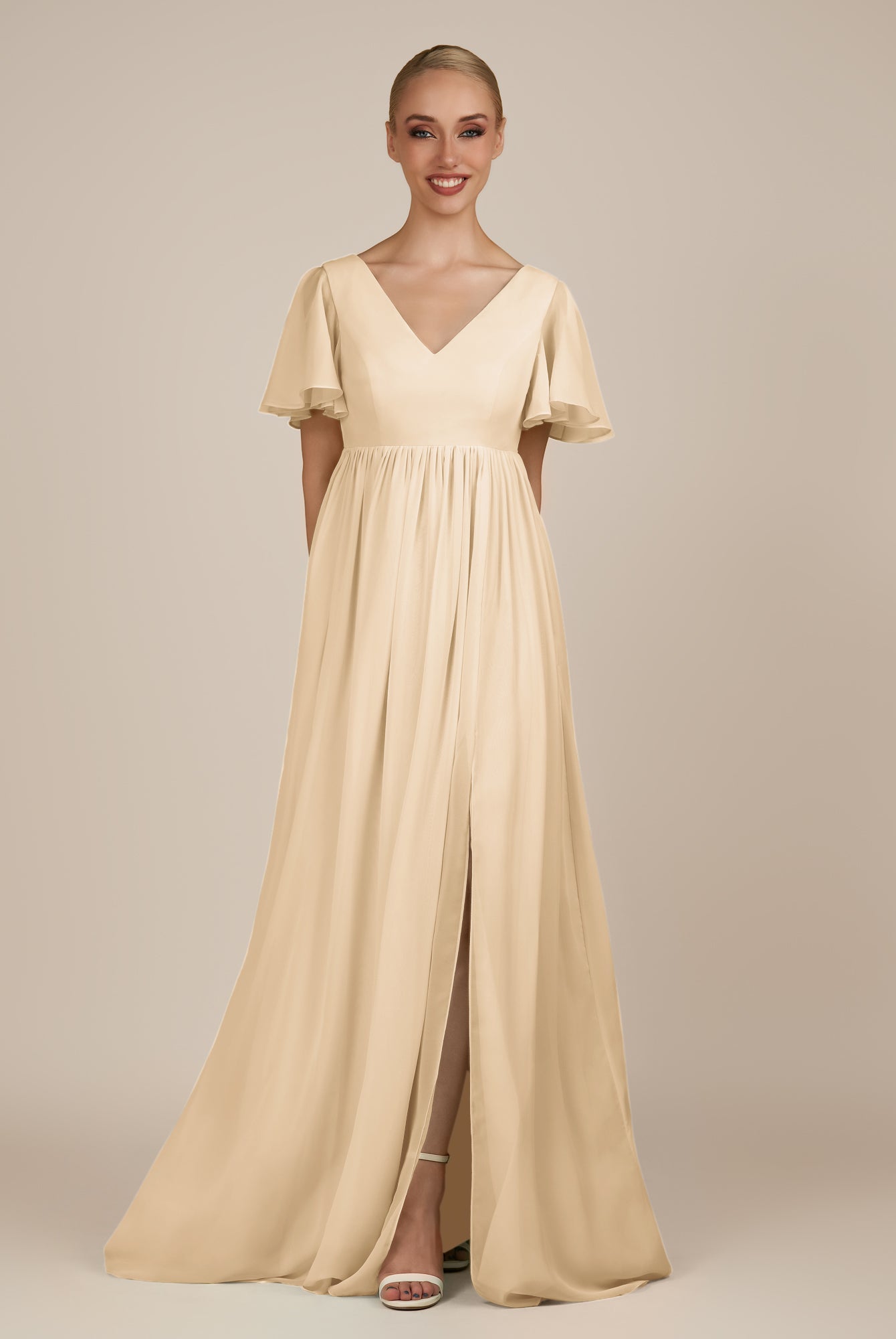 KissDress-Junia Champagne A Line V Neck Chiffon Cap Sleeves Long Bridesmaid Dress with Slit