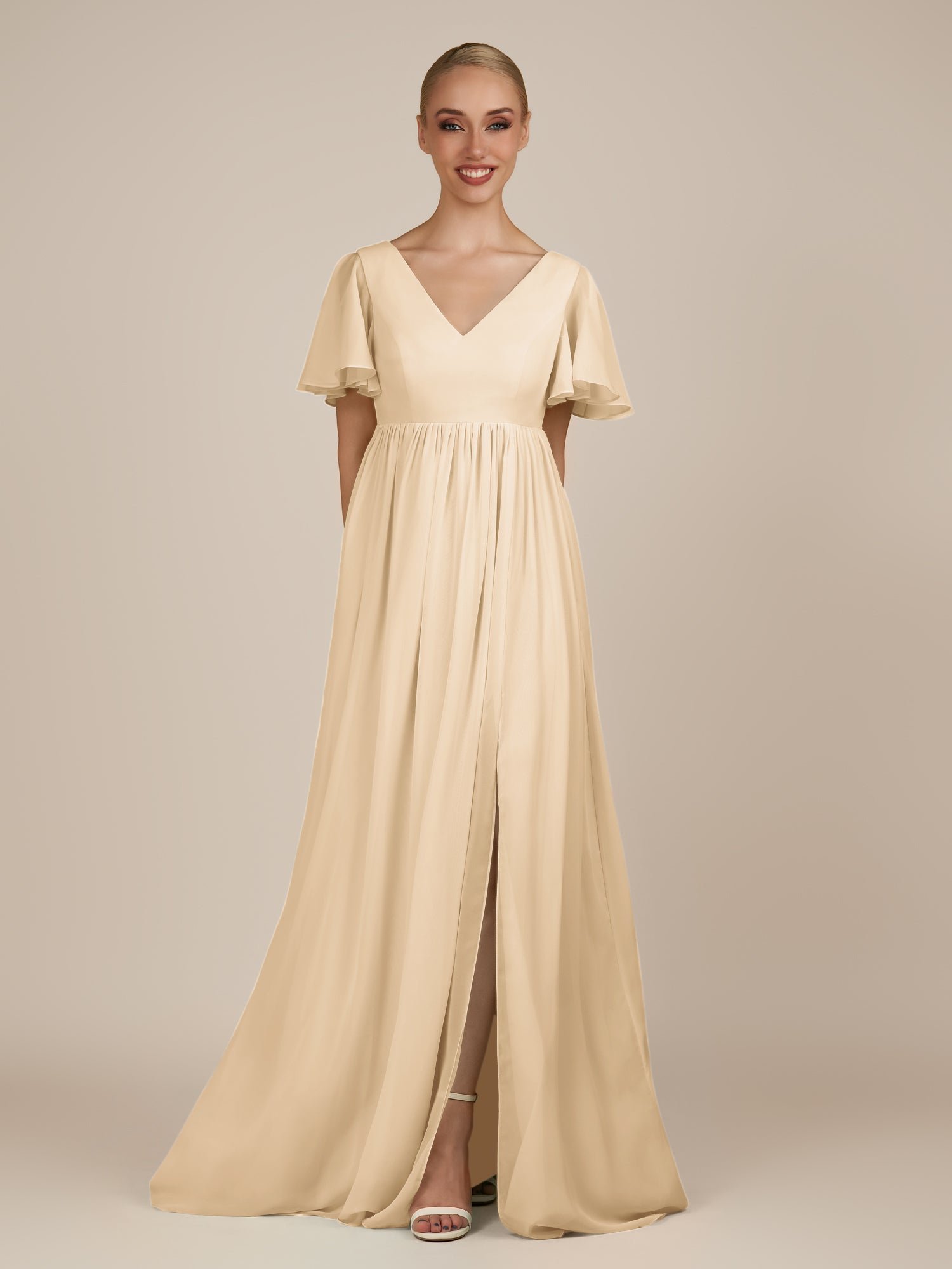 KissDress-Junia Champagne A Line V Neck Chiffon Cap Sleeves Long Bridesmaid Dress with Slit
