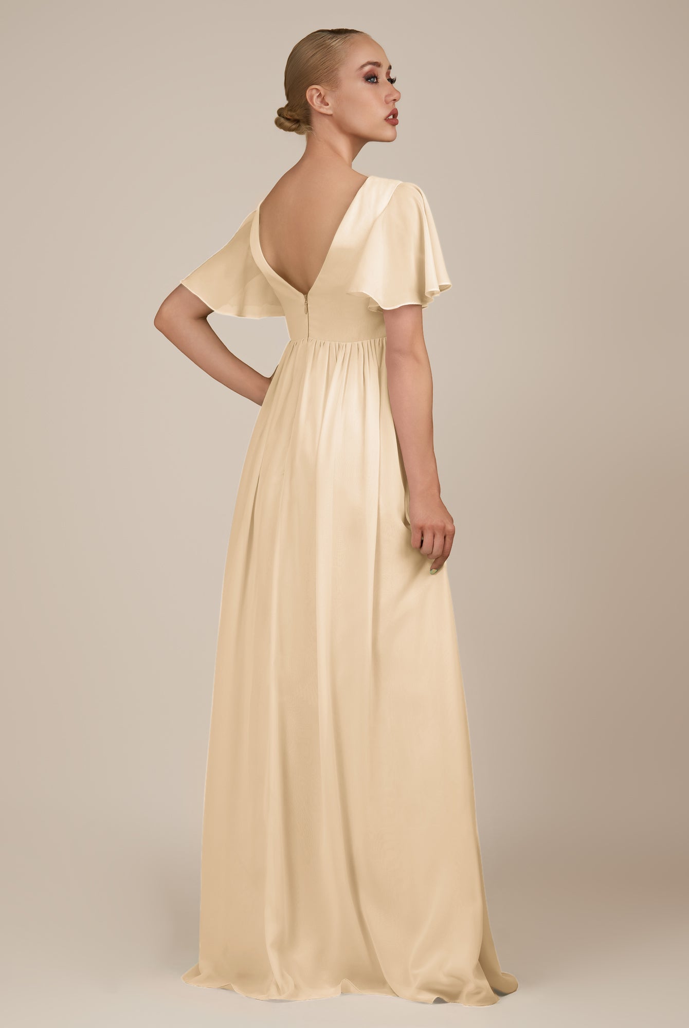 KissDress-Junia Champagne A Line V Neck Chiffon Cap Sleeves Long Bridesmaid Dress with Slit
