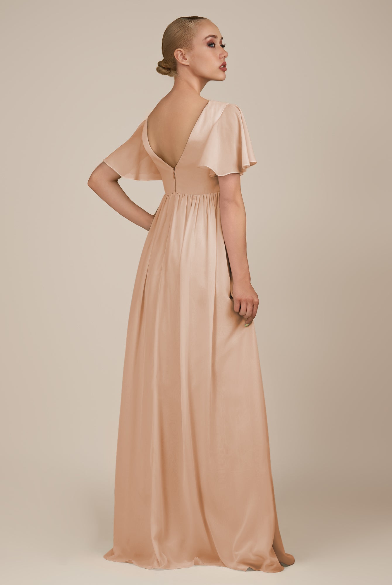 KissDress-Junia Champagne Rose A Line V Neck Chiffon Cap Sleeves Long Bridesmaid Dress with Slit