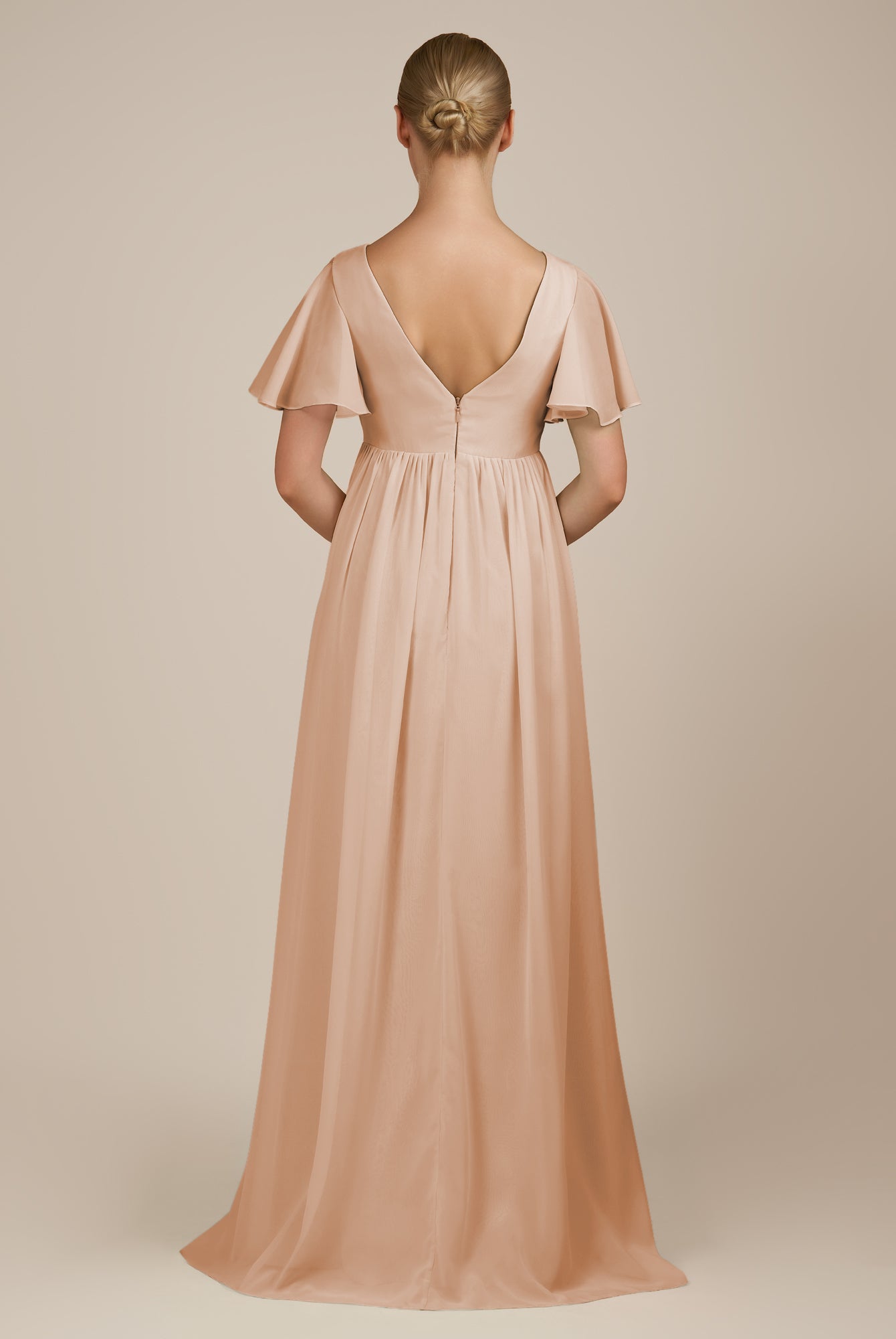 KissDress-Junia Champagne Rose A Line V Neck Chiffon Cap Sleeves Long Bridesmaid Dress with Slit