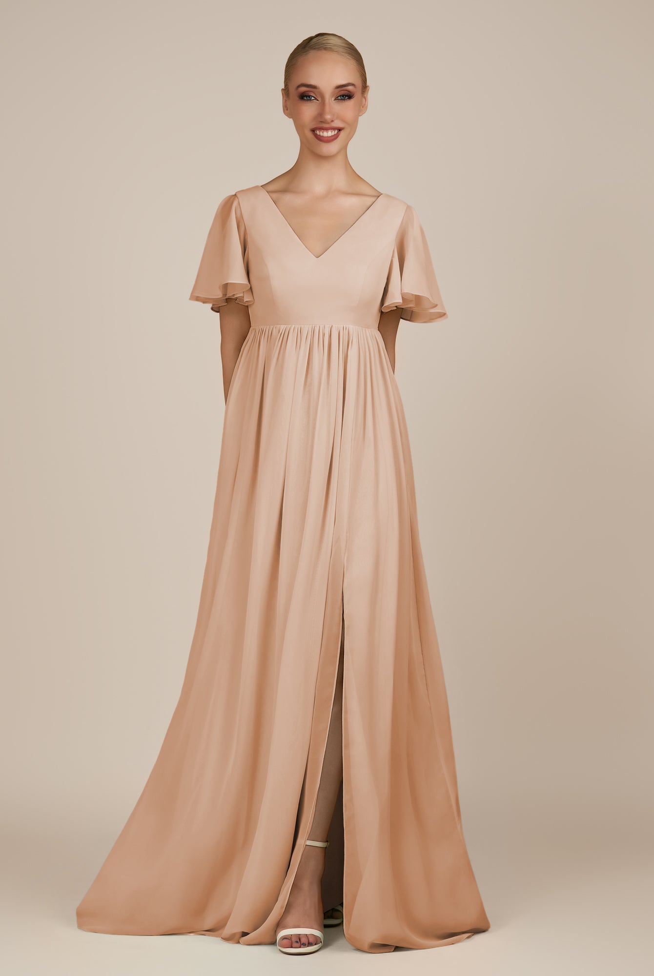 KissDress-Junia Champagne Rose A Line V Neck Chiffon Cap Sleeves Long Bridesmaid Dress with Slit