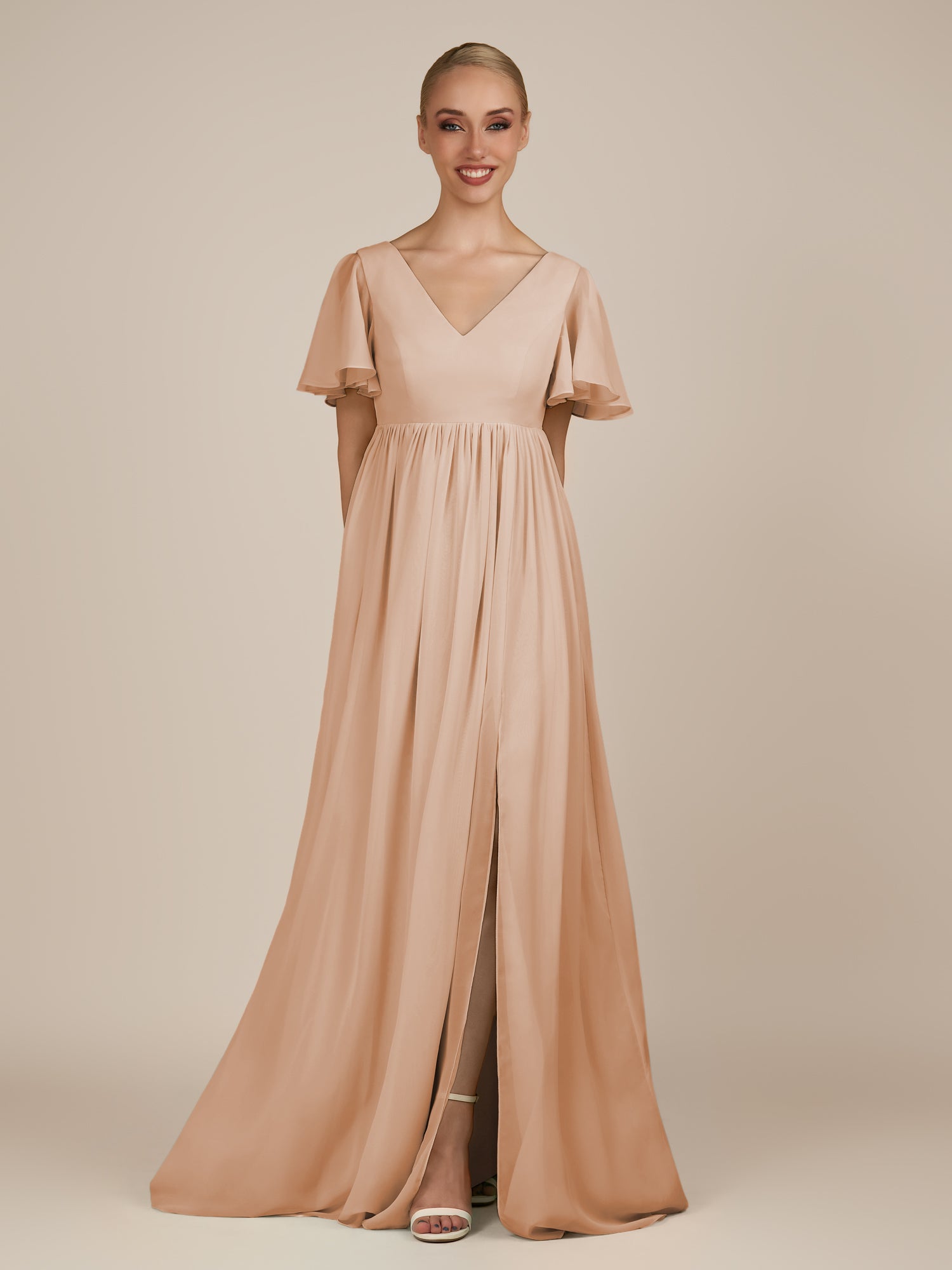 KissDress-Junia Champagne Rose A Line V Neck Chiffon Cap Sleeves Long Bridesmaid Dress with Slit