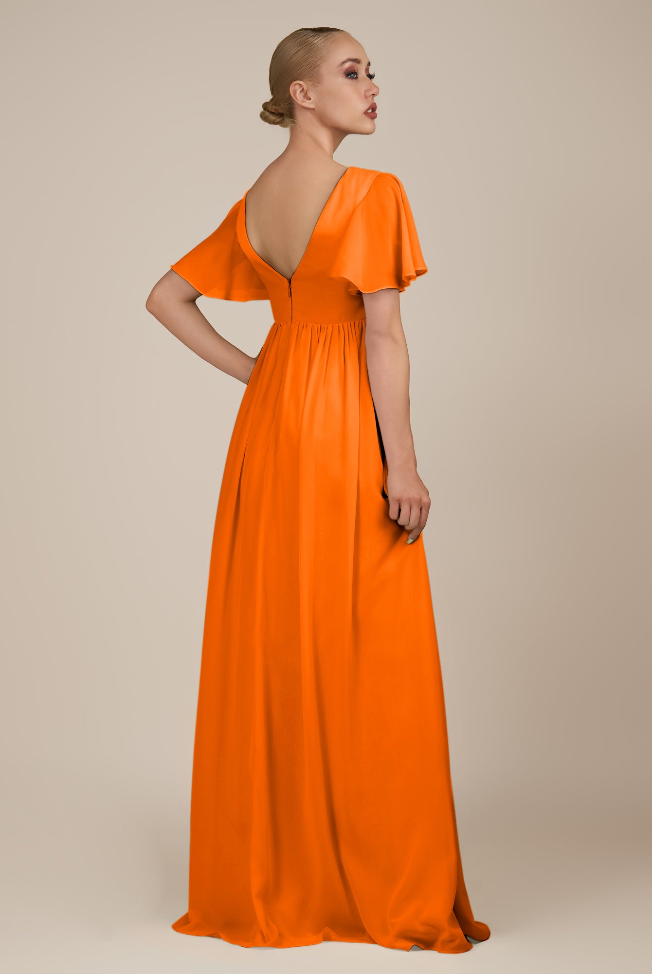 KissDress-Junia Cinnamon A Line V Neck Chiffon Cap Sleeves Long Bridesmaid Dress with Slit