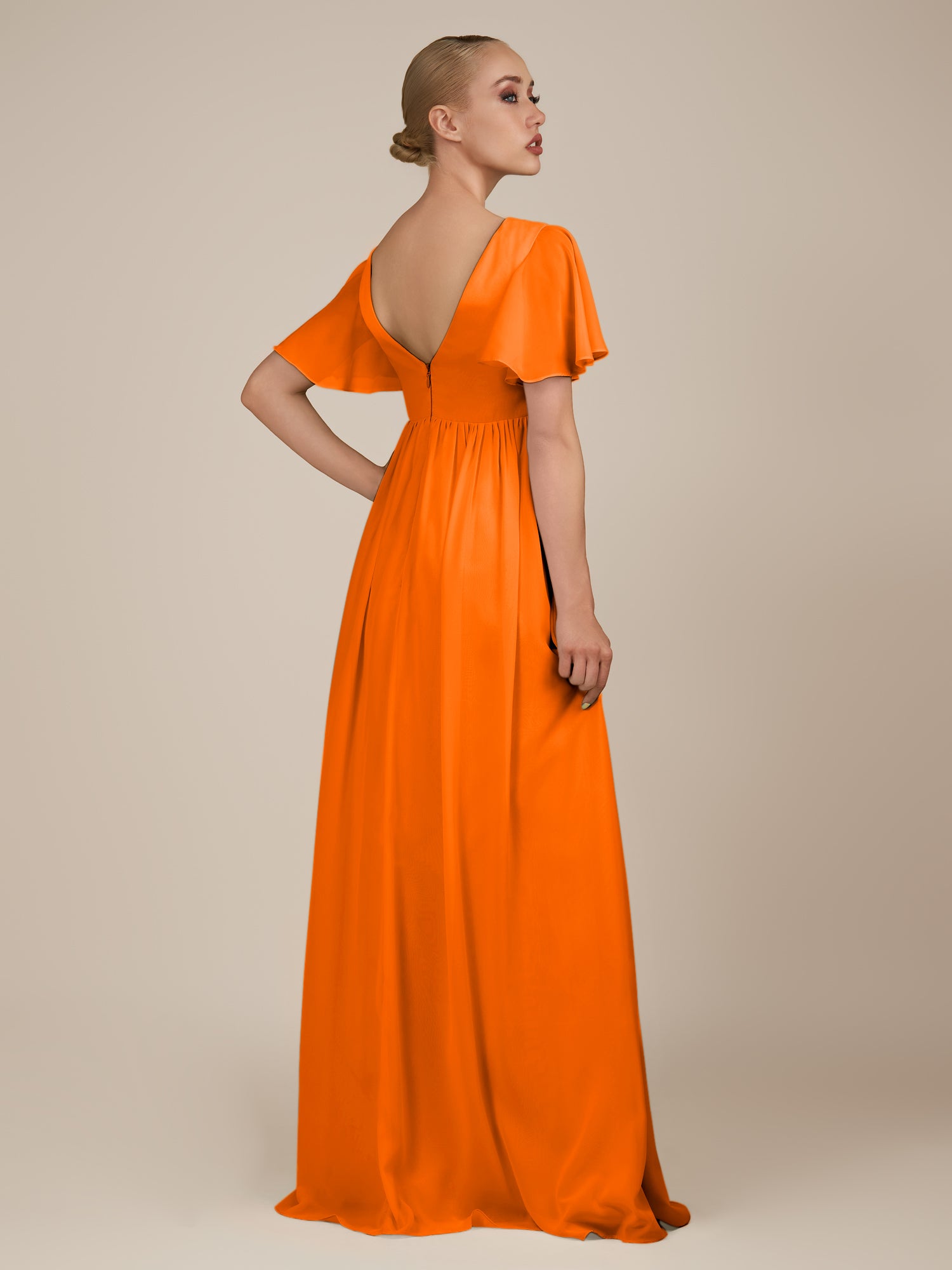 KissDress-Junia Cinnamon A Line V Neck Chiffon Cap Sleeves Long Bridesmaid Dress with Slit