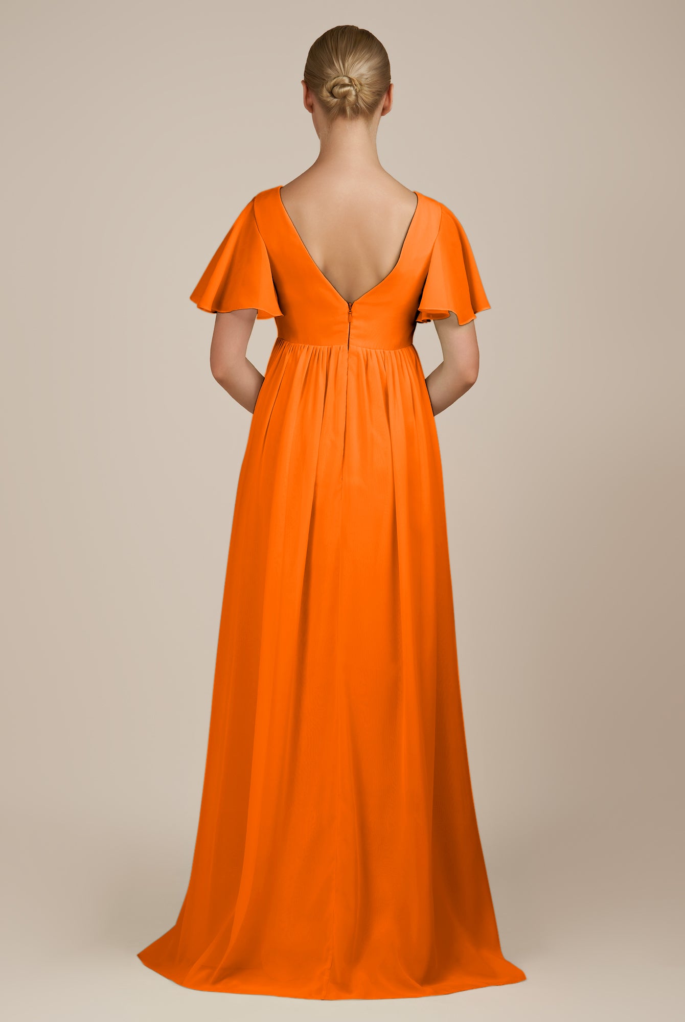 KissDress-Junia Cinnamon A Line V Neck Chiffon Cap Sleeves Long Bridesmaid Dress with Slit