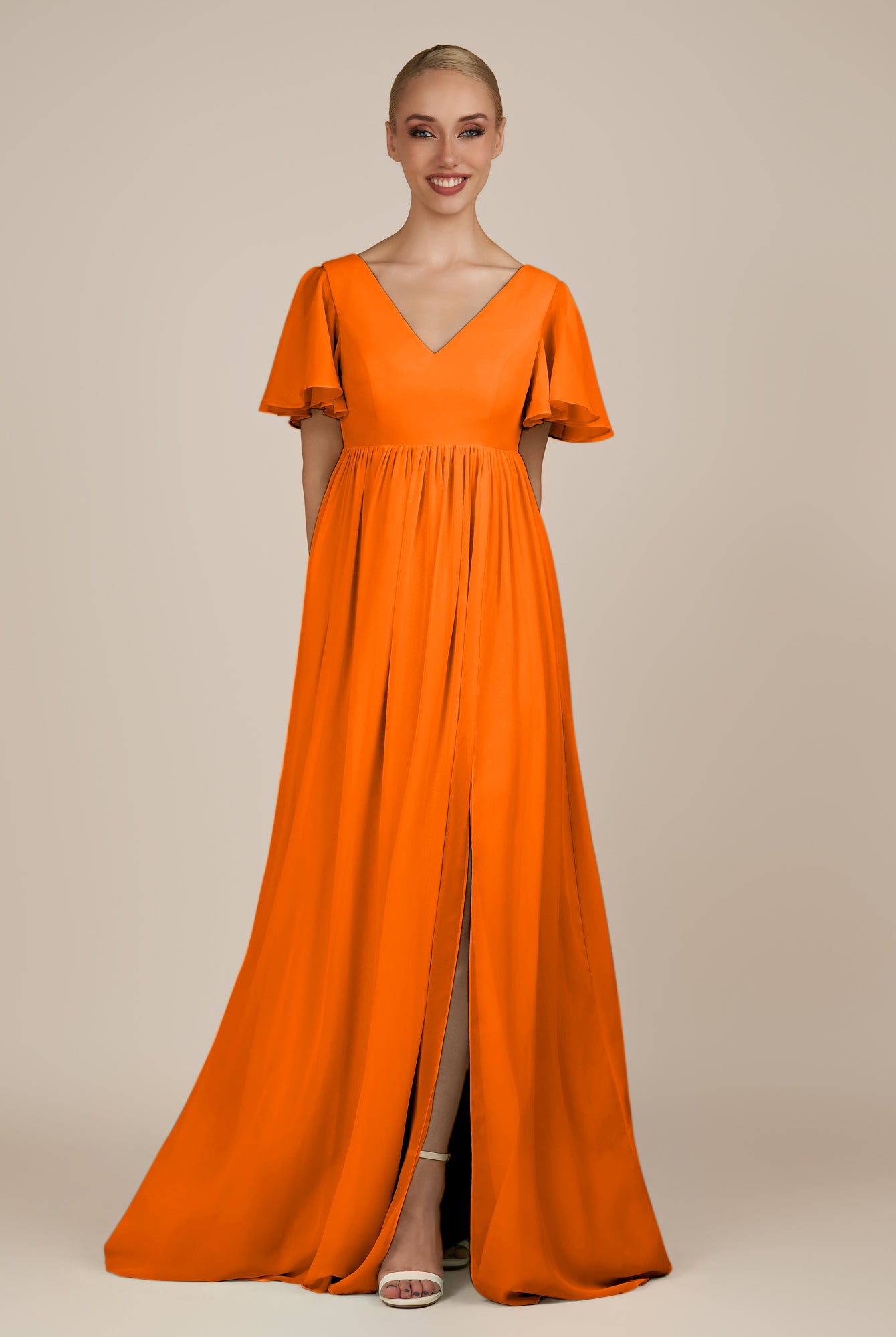 KissDress-Junia Cinnamon A Line V Neck Chiffon Cap Sleeves Long Bridesmaid Dress with Slit