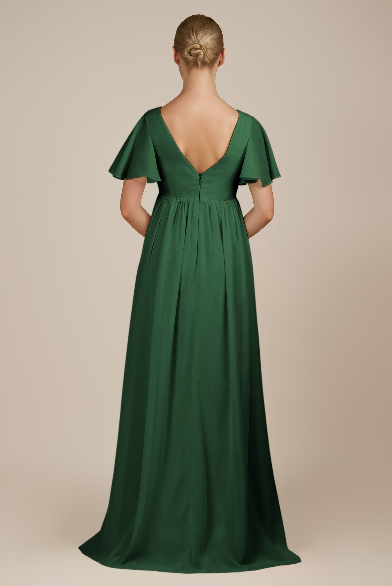 KissDress-Junia Dark Green A Line V Neck Chiffon Cap Sleeves Long Bridesmaid Dress with Slit