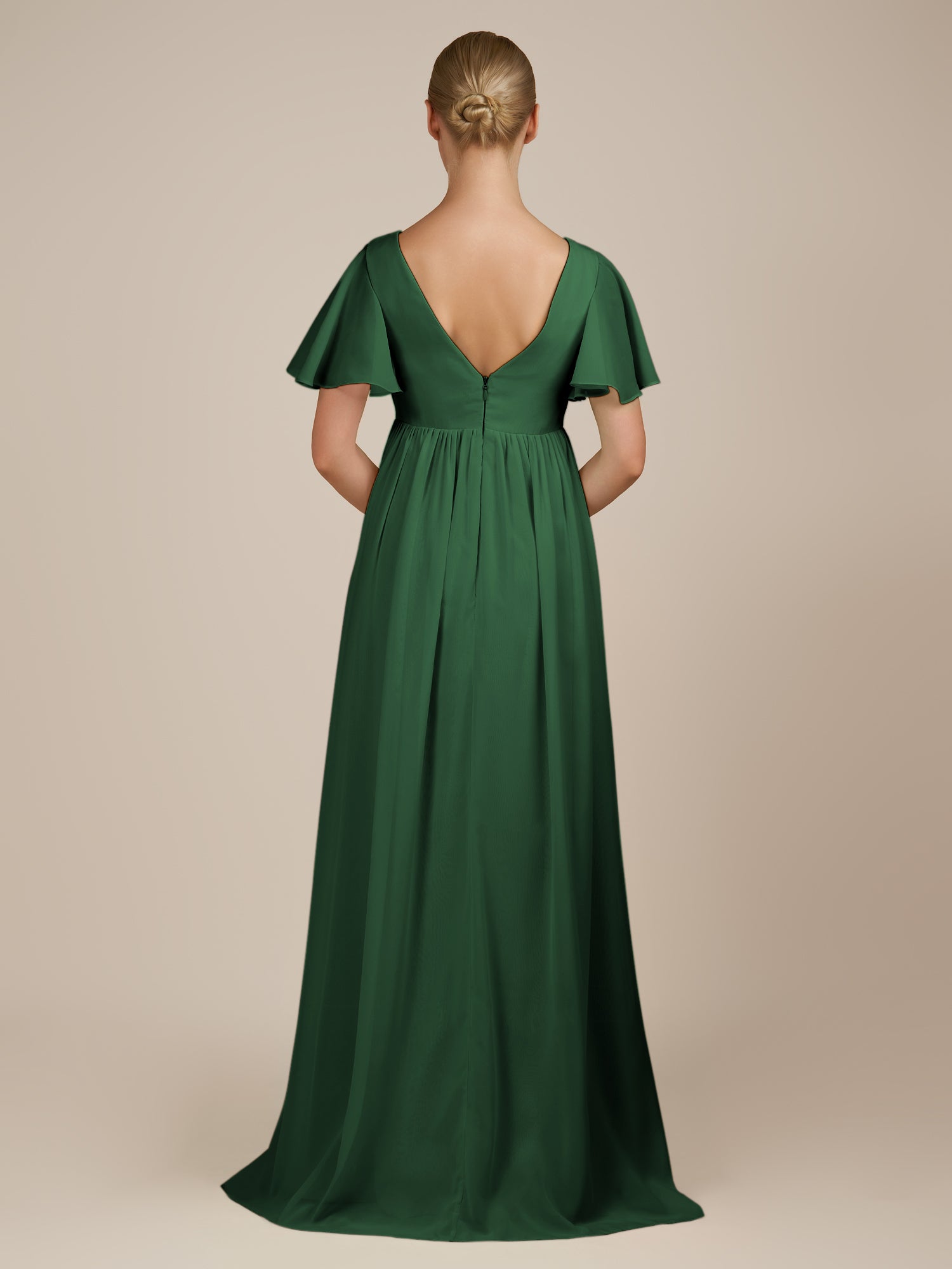KissDress-Junia Dark Green A Line V Neck Chiffon Cap Sleeves Long Bridesmaid Dress with Slit