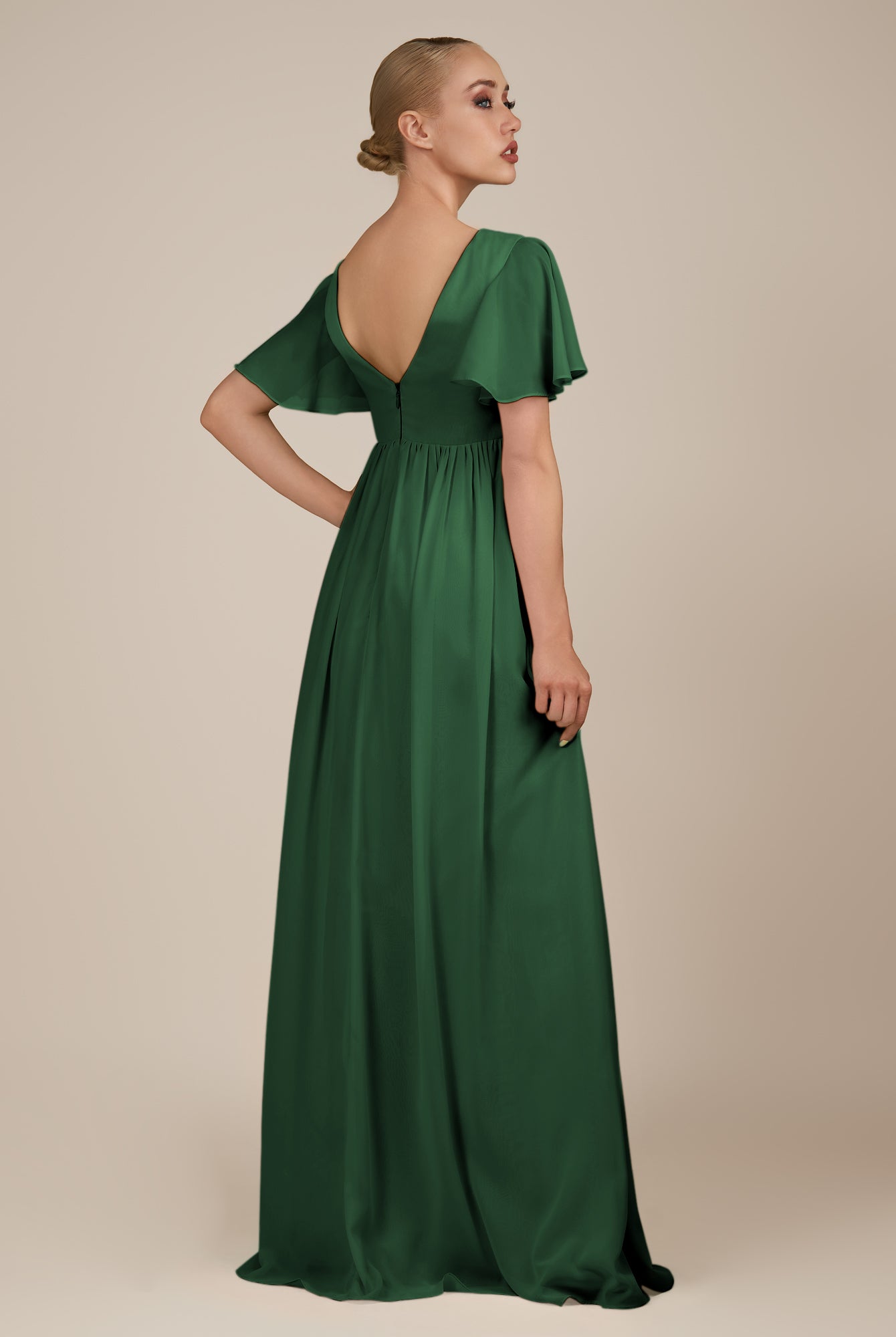 KissDress-Junia Dark Green A Line V Neck Chiffon Cap Sleeves Long Bridesmaid Dress with Slit