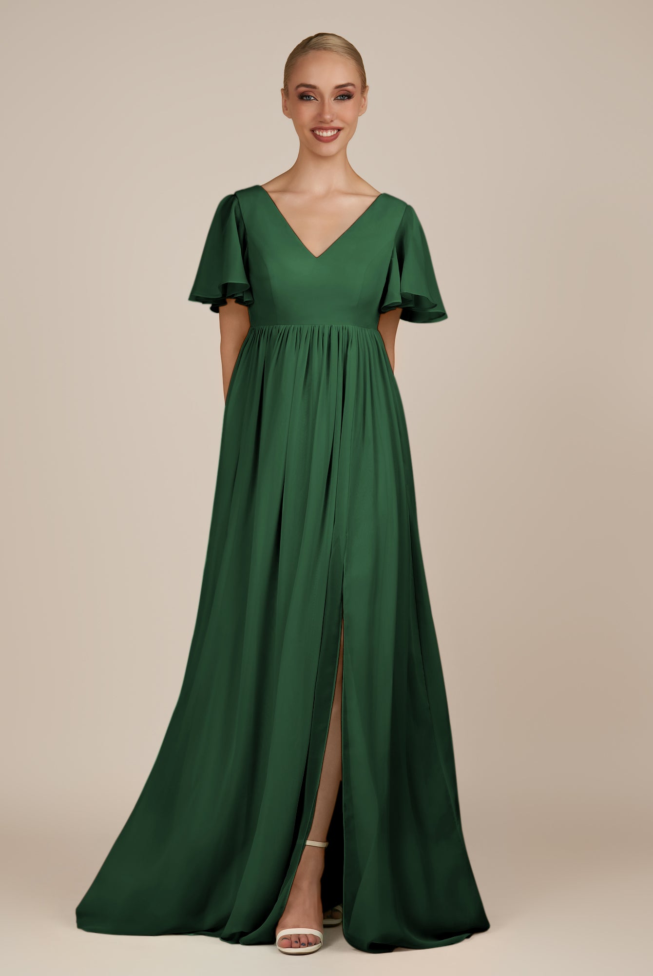 KissDress-Junia Dark Green A Line V Neck Chiffon Cap Sleeves Long Bridesmaid Dress with Slit