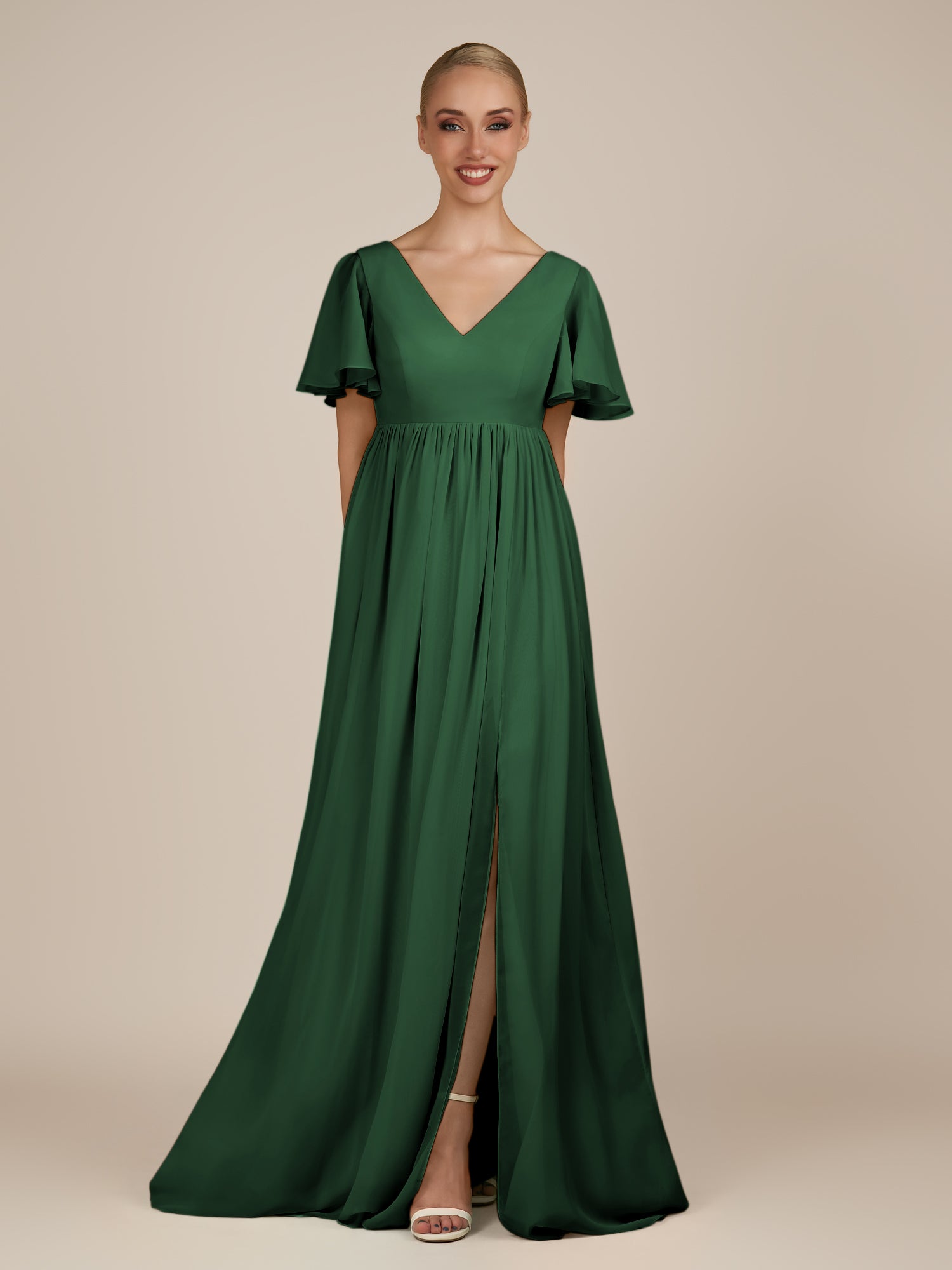 KissDress-Junia Dark Green A Line V Neck Chiffon Cap Sleeves Long Bridesmaid Dress with Slit