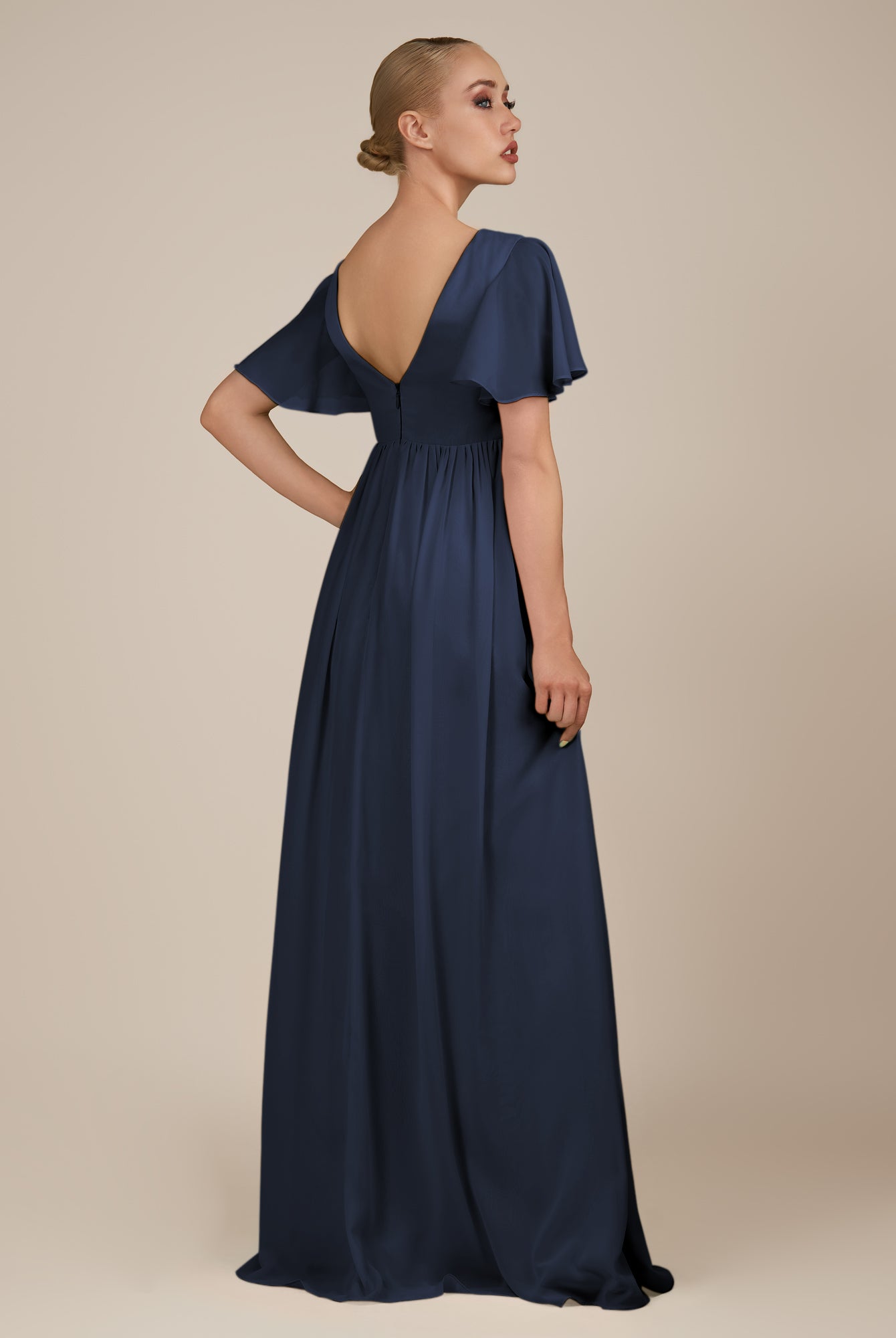 KissDress-Junia Dark Navy A Line V Neck Chiffon Cap Sleeves Long Bridesmaid Dress with Slit