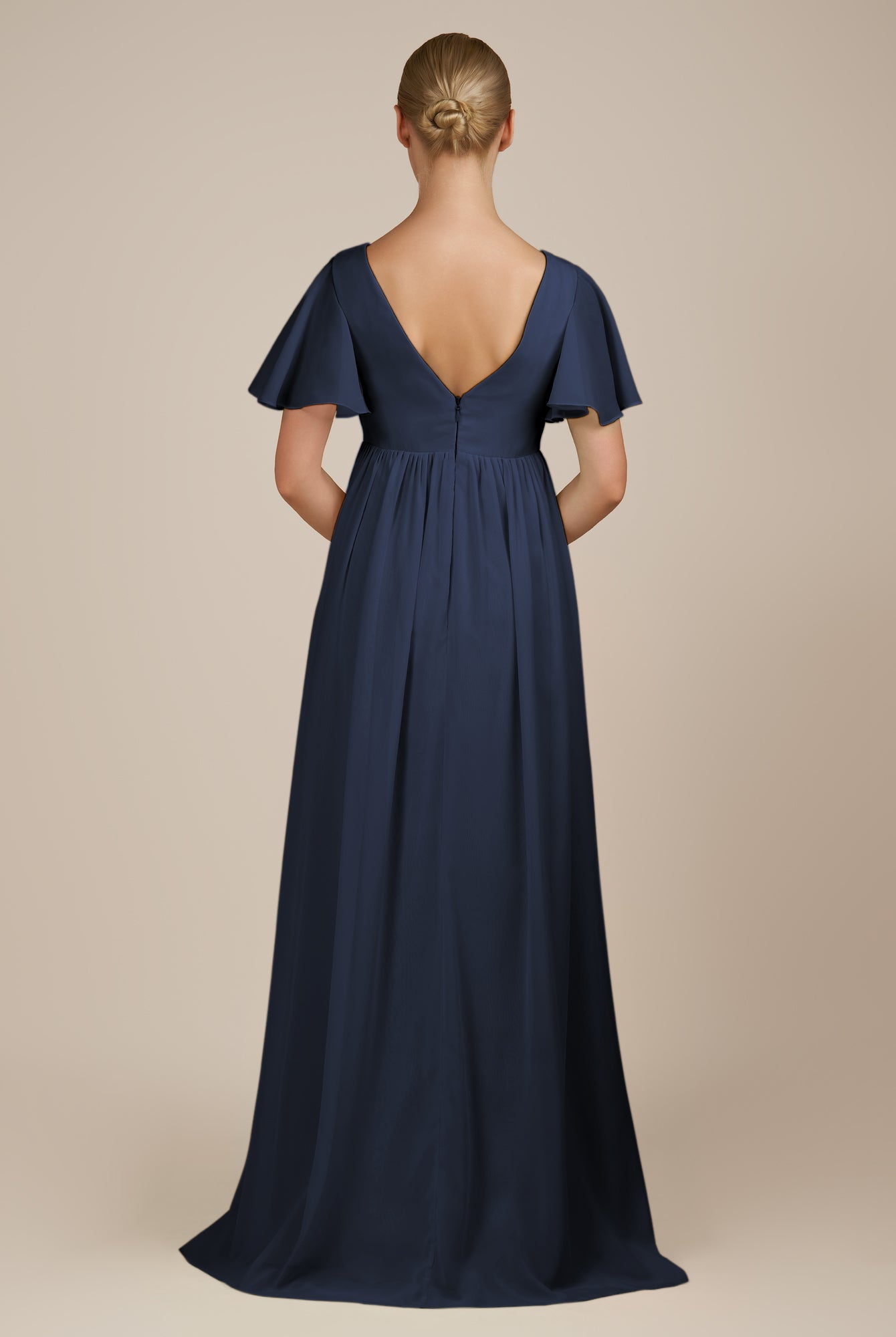 KissDress-Junia Dark Navy A Line V Neck Chiffon Cap Sleeves Long Bridesmaid Dress with Slit