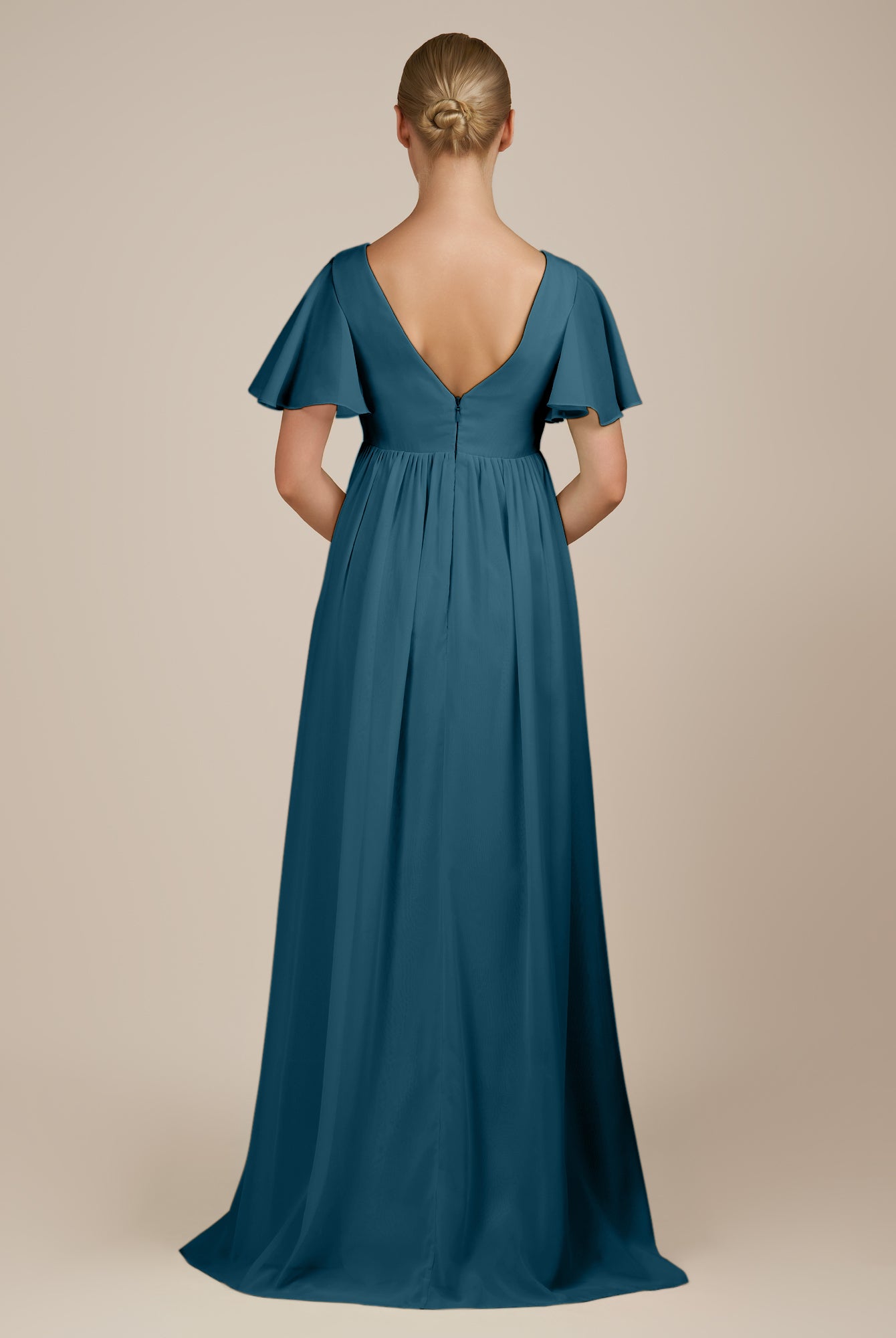 KissDress-Junia Dark Teal A Line V Neck Chiffon Cap Sleeves Long Bridesmaid Dress with Slit