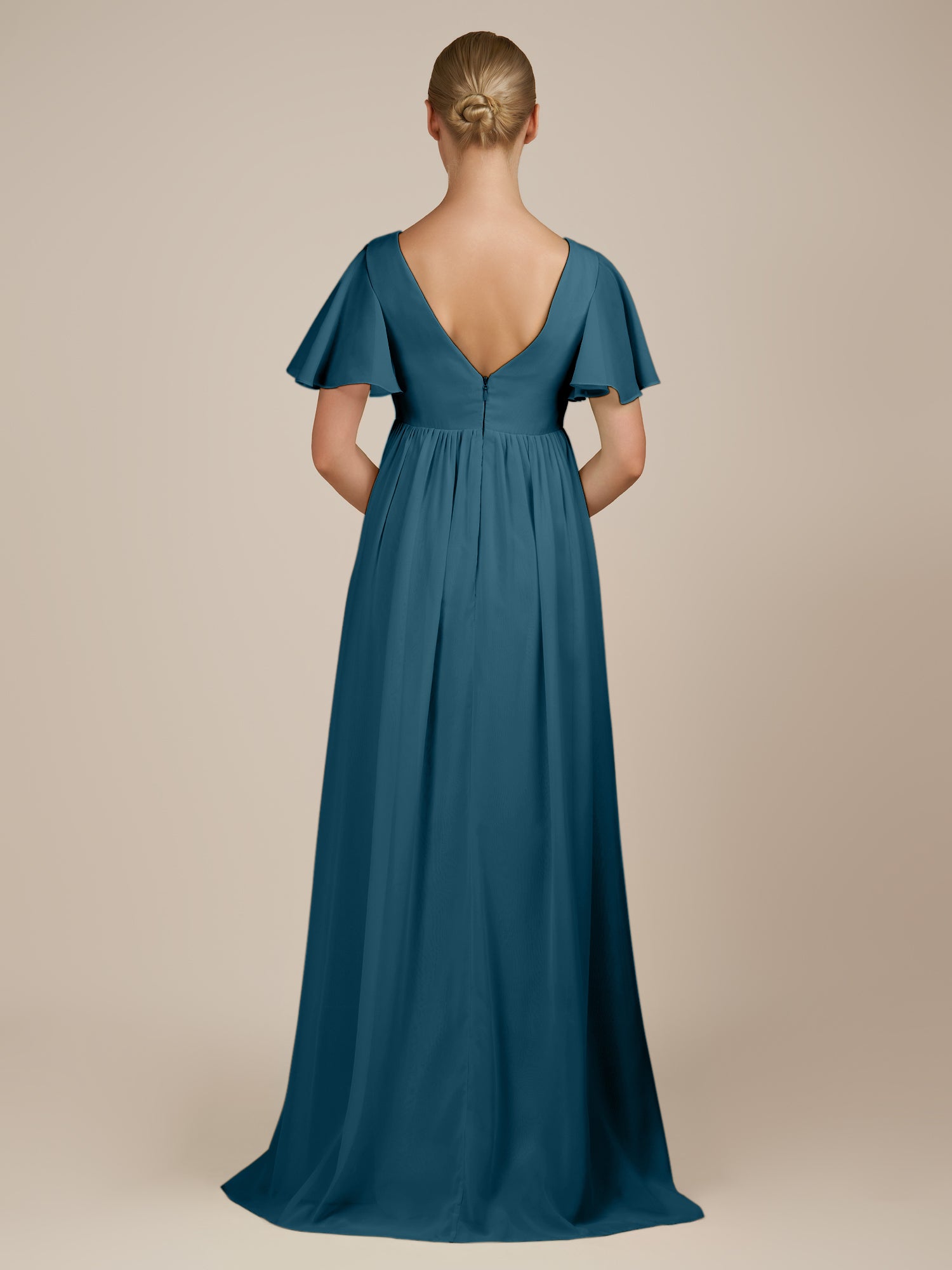 KissDress-Junia Dark Teal A Line V Neck Chiffon Cap Sleeves Long Bridesmaid Dress with Slit
