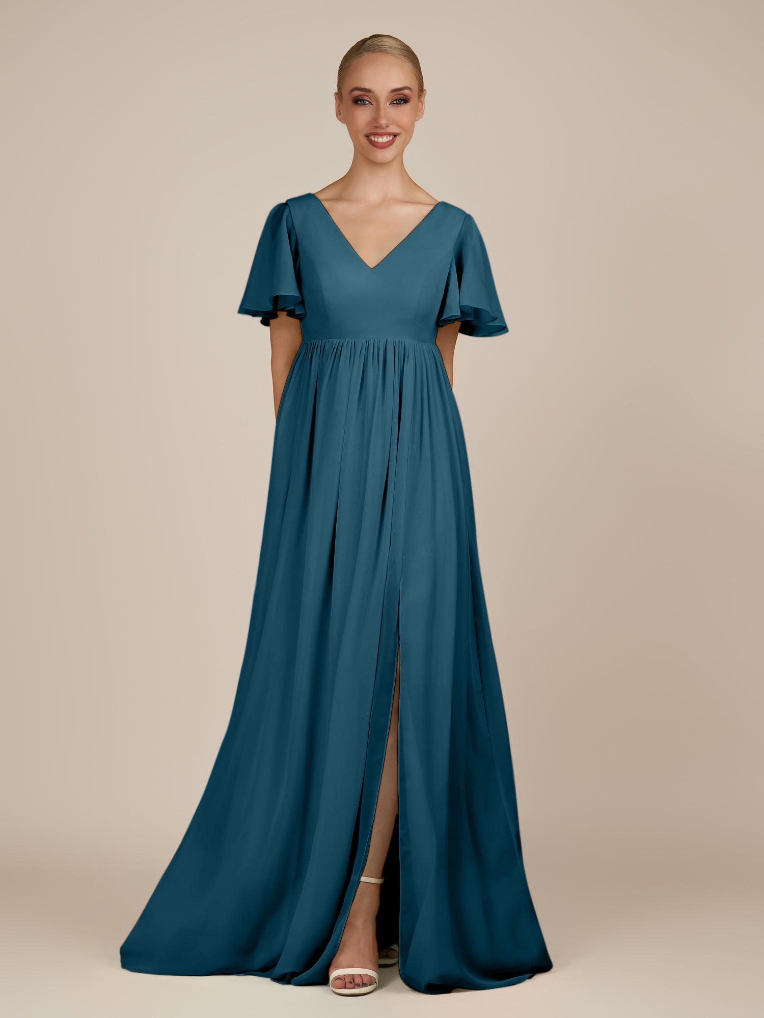 KissDress-Junia Dark Teal A Line V Neck Chiffon Cap Sleeves Long Bridesmaid Dress with Slit