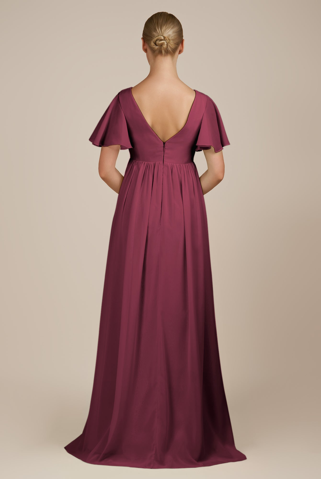 KissDress-Junia Desert Rose A Line V Neck Chiffon Cap Sleeves Long Bridesmaid Dress with Slit