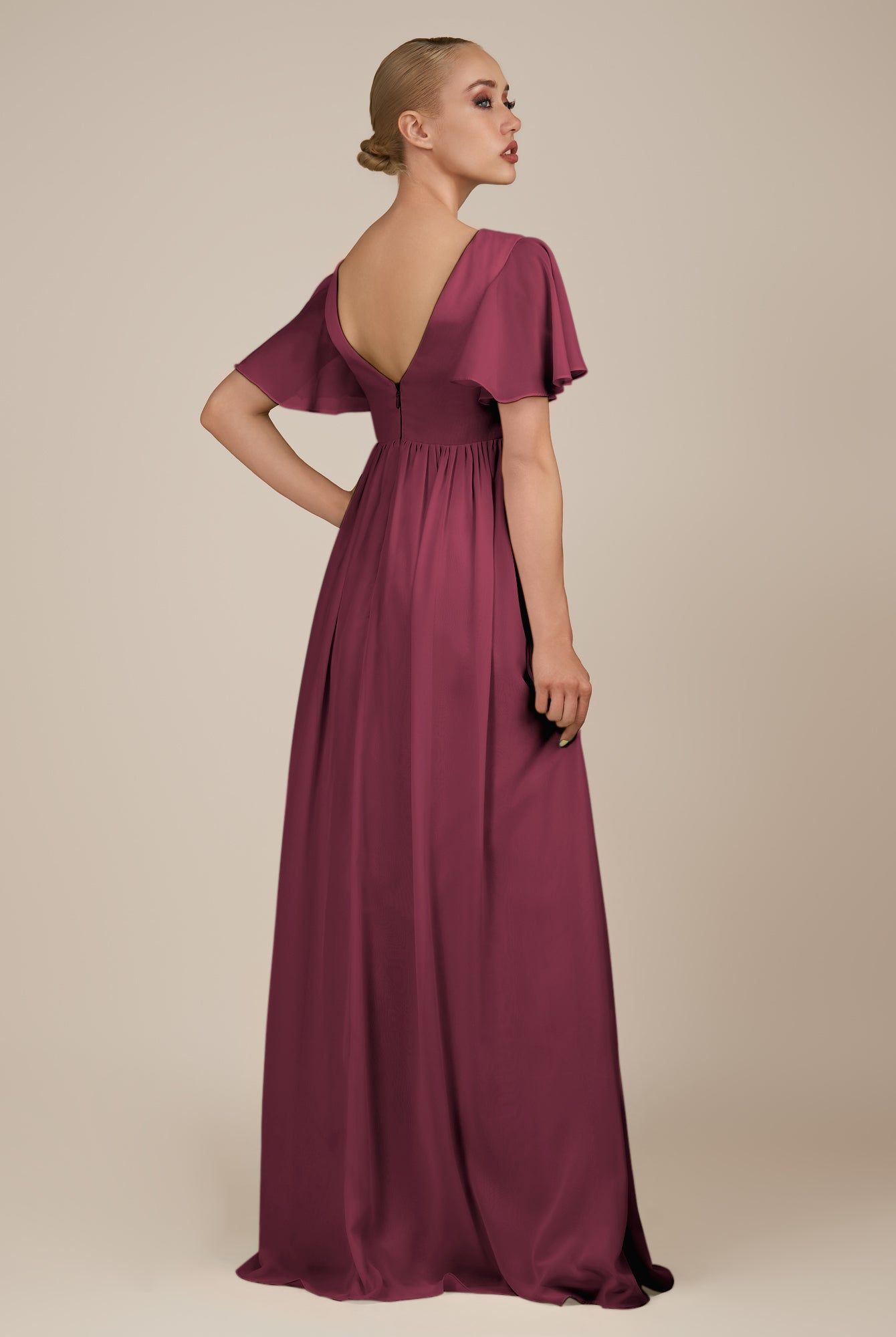 KissDress-Junia Desert Rose A Line V Neck Chiffon Cap Sleeves Long Bridesmaid Dress with Slit