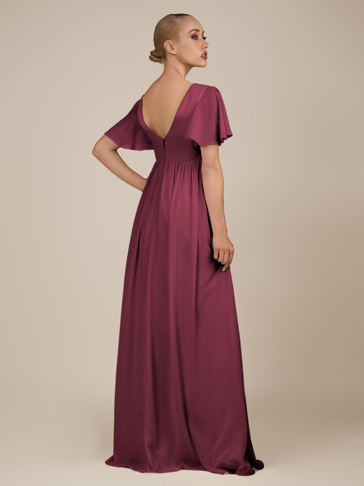 KissDress-Junia Desert Rose A Line V Neck Chiffon Cap Sleeves Long Bridesmaid Dress with Slit