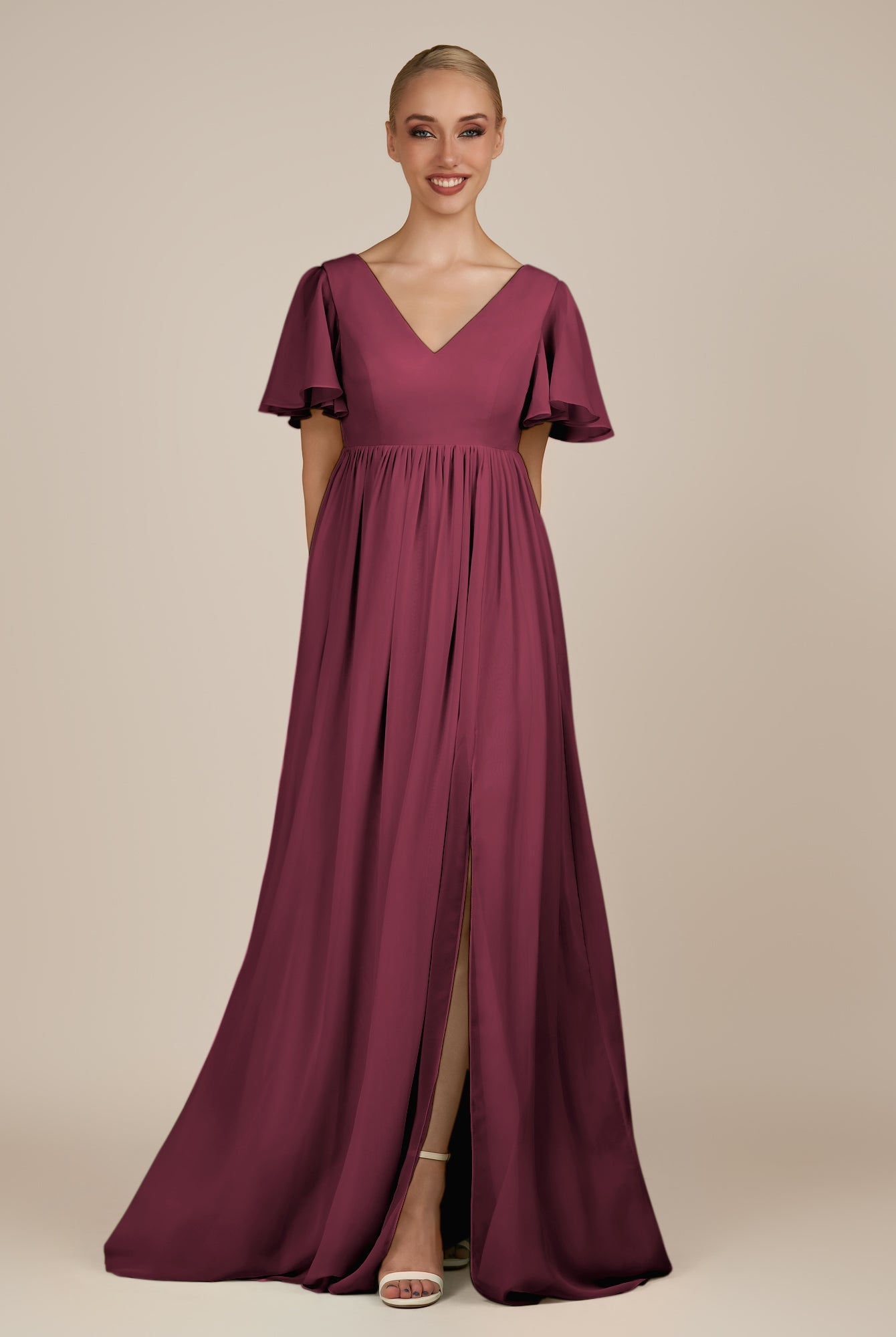 KissDress-Junia Desert Rose A Line V Neck Chiffon Cap Sleeves Long Bridesmaid Dress with Slit