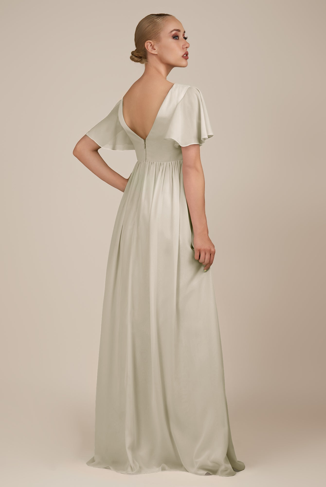 KissDress-Junia Dove Gray A Line V Neck Chiffon Cap Sleeves Long Bridesmaid Dress with Slit