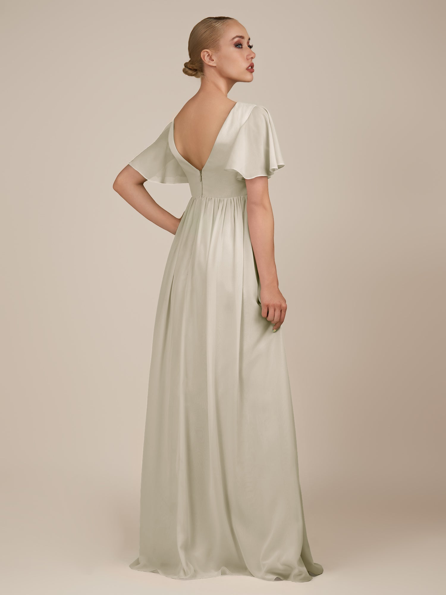 KissDress-Junia Dove Gray A Line V Neck Chiffon Cap Sleeves Long Bridesmaid Dress with Slit