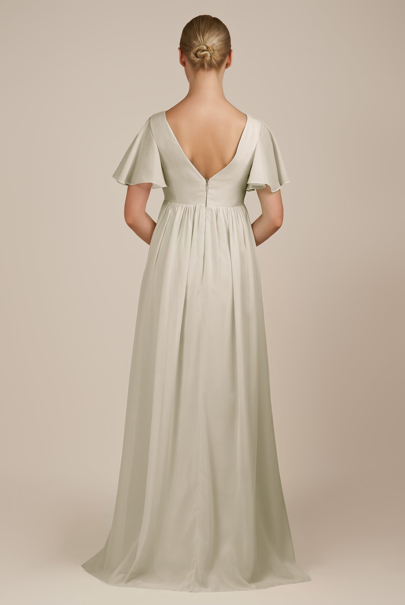 KissDress-Junia Dove Gray A Line V Neck Chiffon Cap Sleeves Long Bridesmaid Dress with Slit