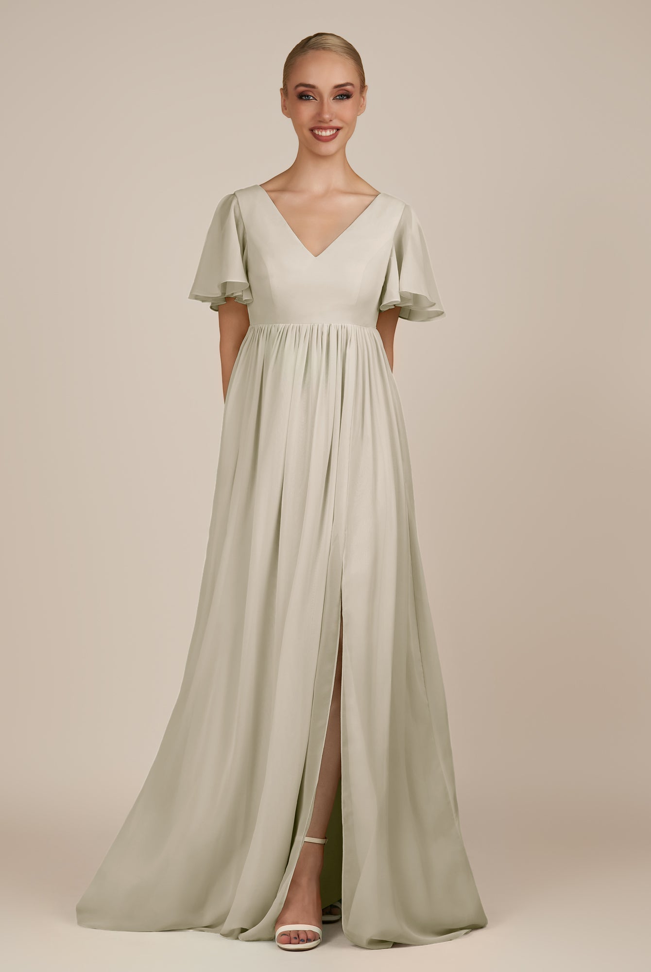 KissDress-Junia Dove Gray A Line V Neck Chiffon Cap Sleeves Long Bridesmaid Dress with Slit