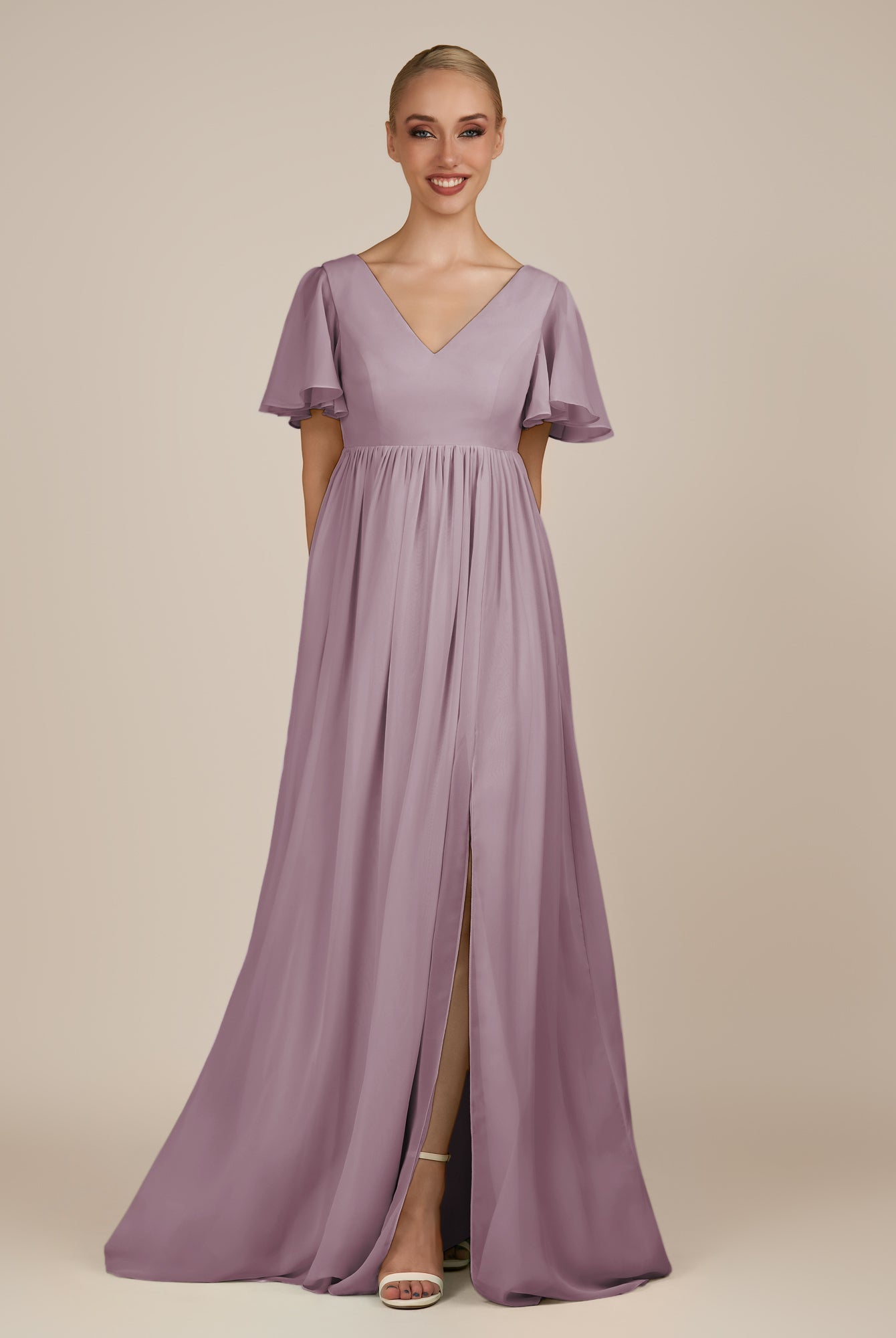 KissDress-Junia Dusk A Line V Neck Chiffon Cap Sleeves Long Bridesmaid Dress with Slit