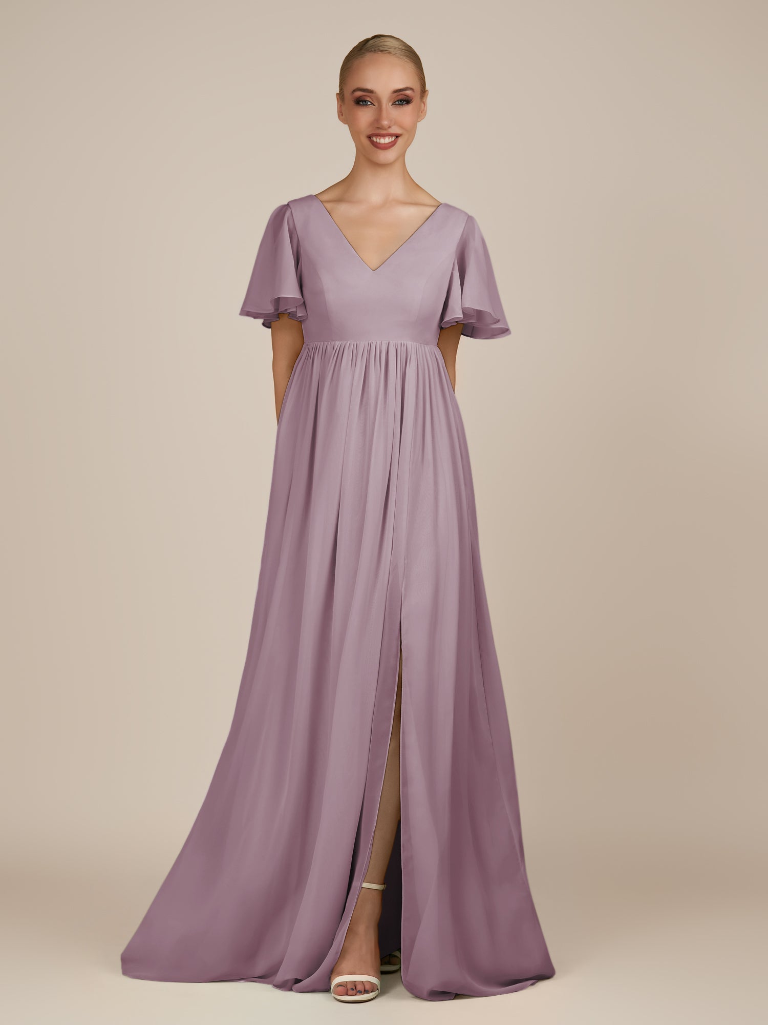 KissDress-Junia Dusk A Line V Neck Chiffon Cap Sleeves Long Bridesmaid Dress with Slit