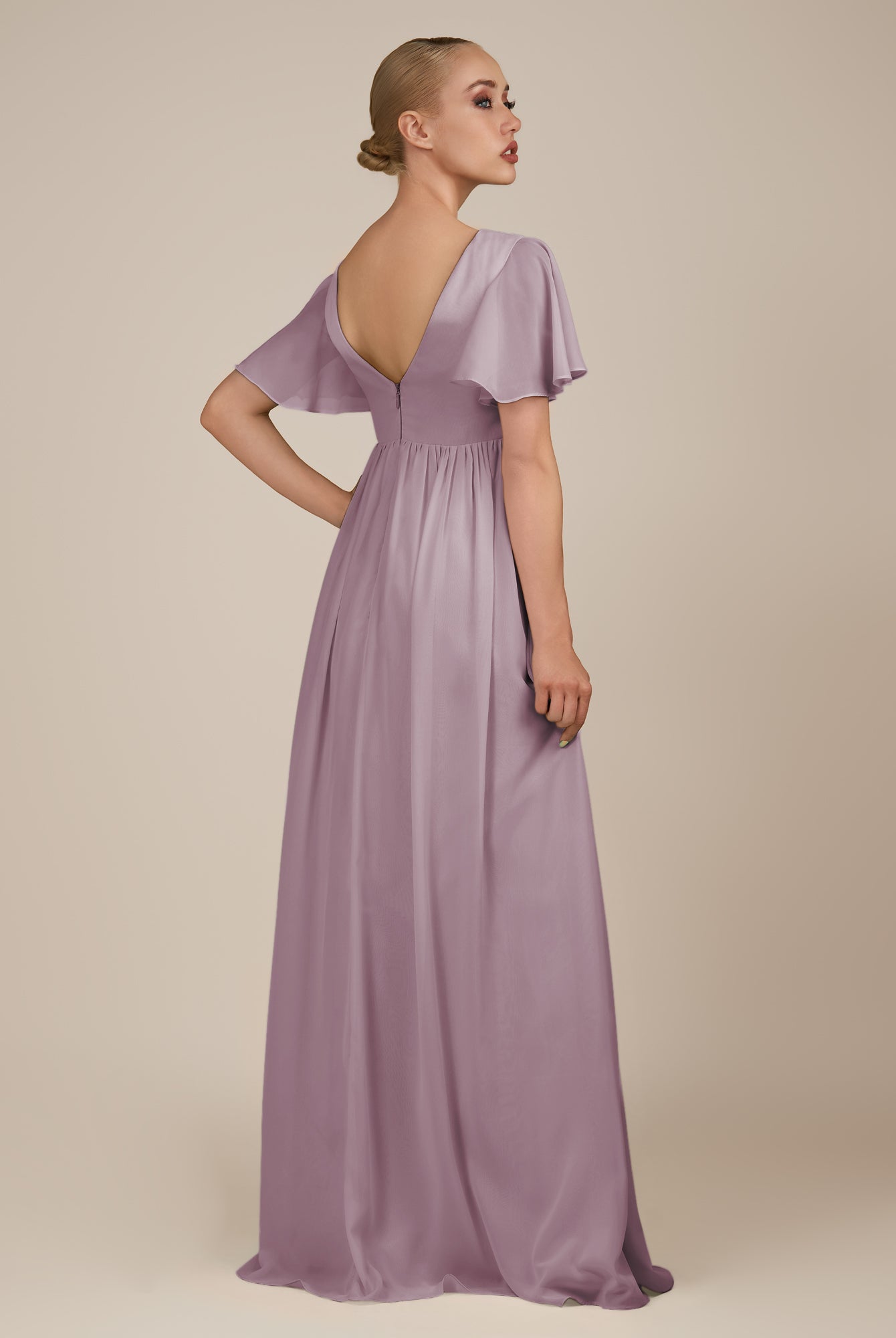 KissDress-Junia Dusk A Line V Neck Chiffon Cap Sleeves Long Bridesmaid Dress with Slit