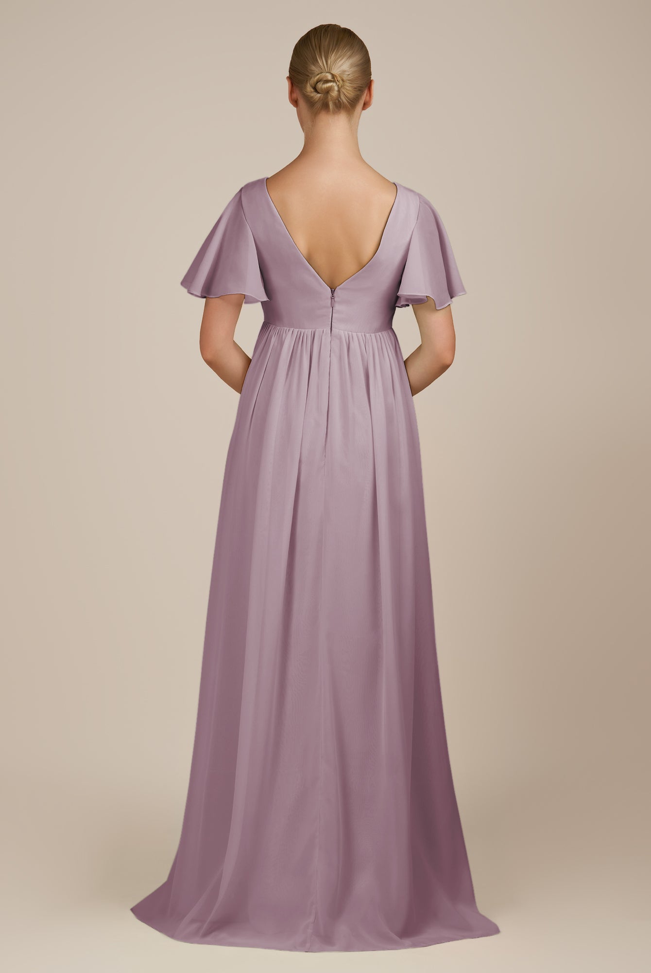 KissDress-Junia Dusk A Line V Neck Chiffon Cap Sleeves Long Bridesmaid Dress with Slit