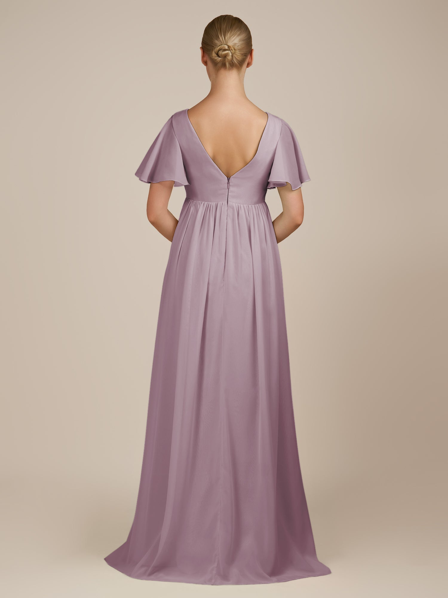 KissDress-Junia Dusk A Line V Neck Chiffon Cap Sleeves Long Bridesmaid Dress with Slit