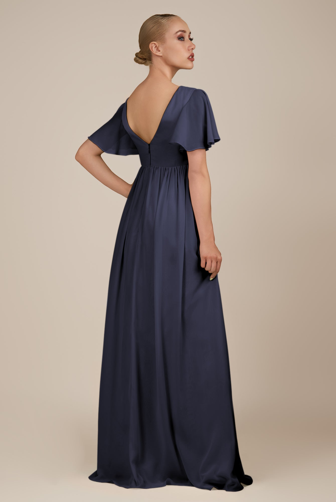 KissDress-Junia Dusk Blue A Line V Neck Chiffon Cap Sleeves Long Bridesmaid Dress with Slit