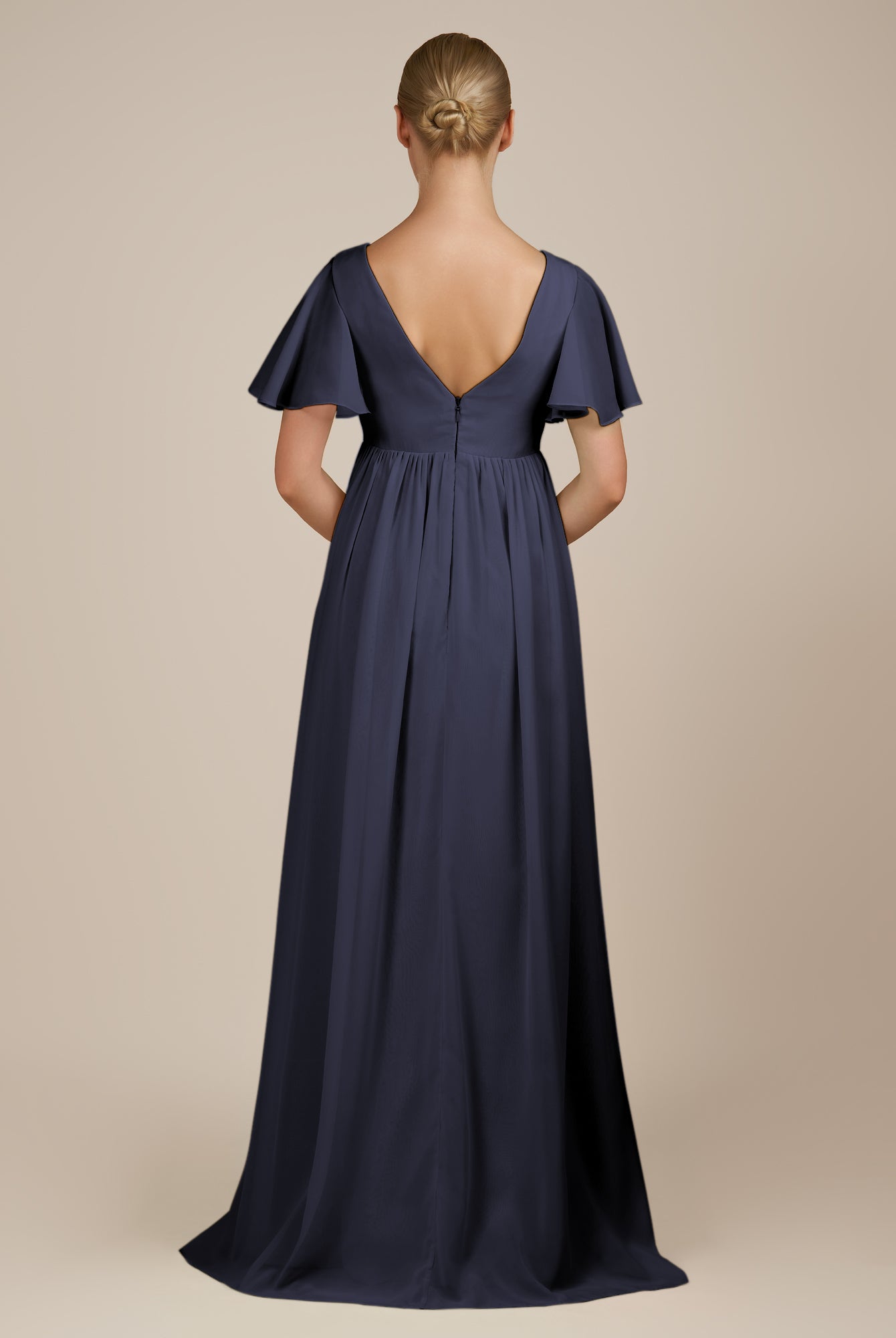 KissDress-Junia Dusk Blue A Line V Neck Chiffon Cap Sleeves Long Bridesmaid Dress with Slit