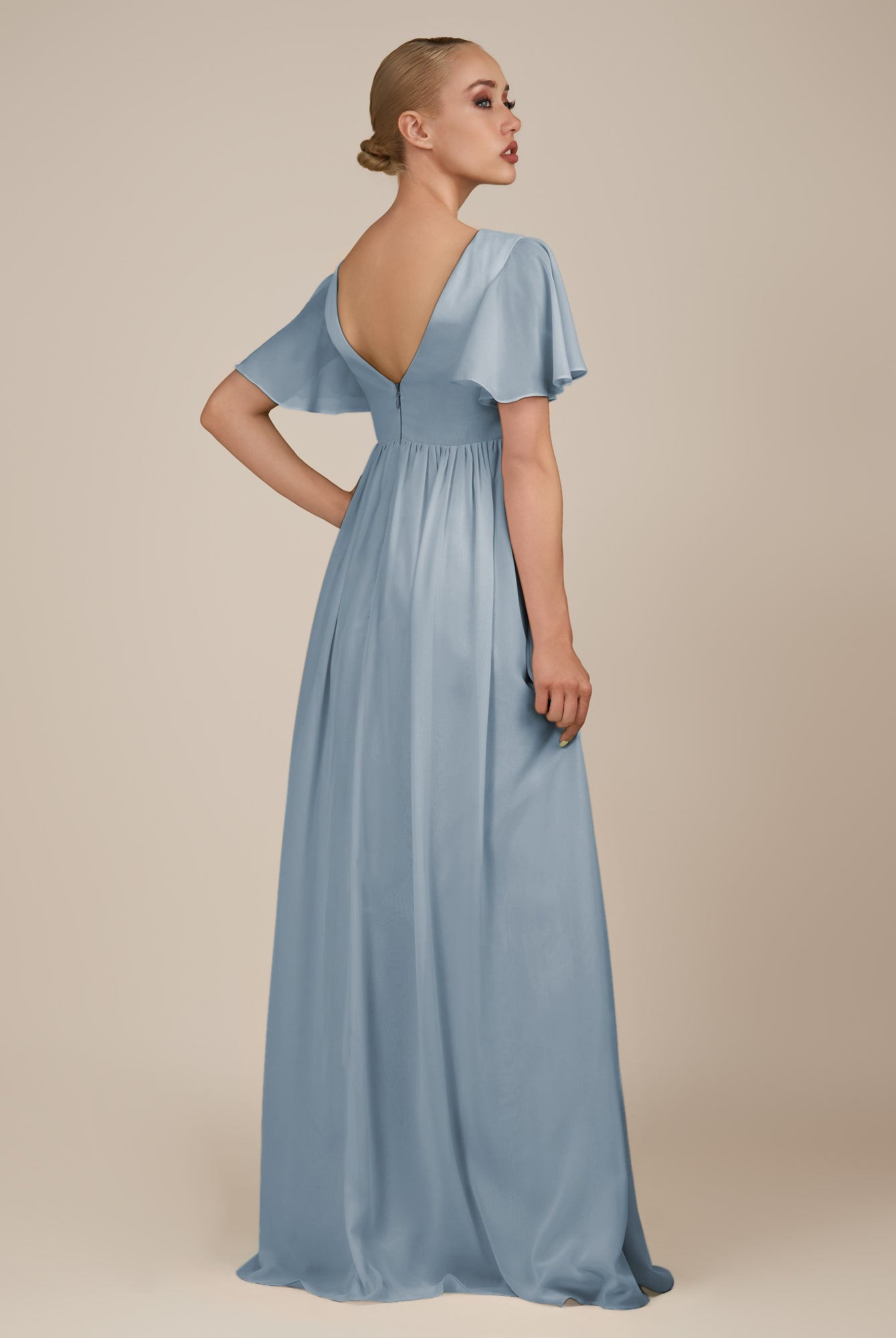 KissDress-Junia Dusty Blue A Line V Neck Chiffon Cap Sleeves Long Bridesmaid Dress with Slit