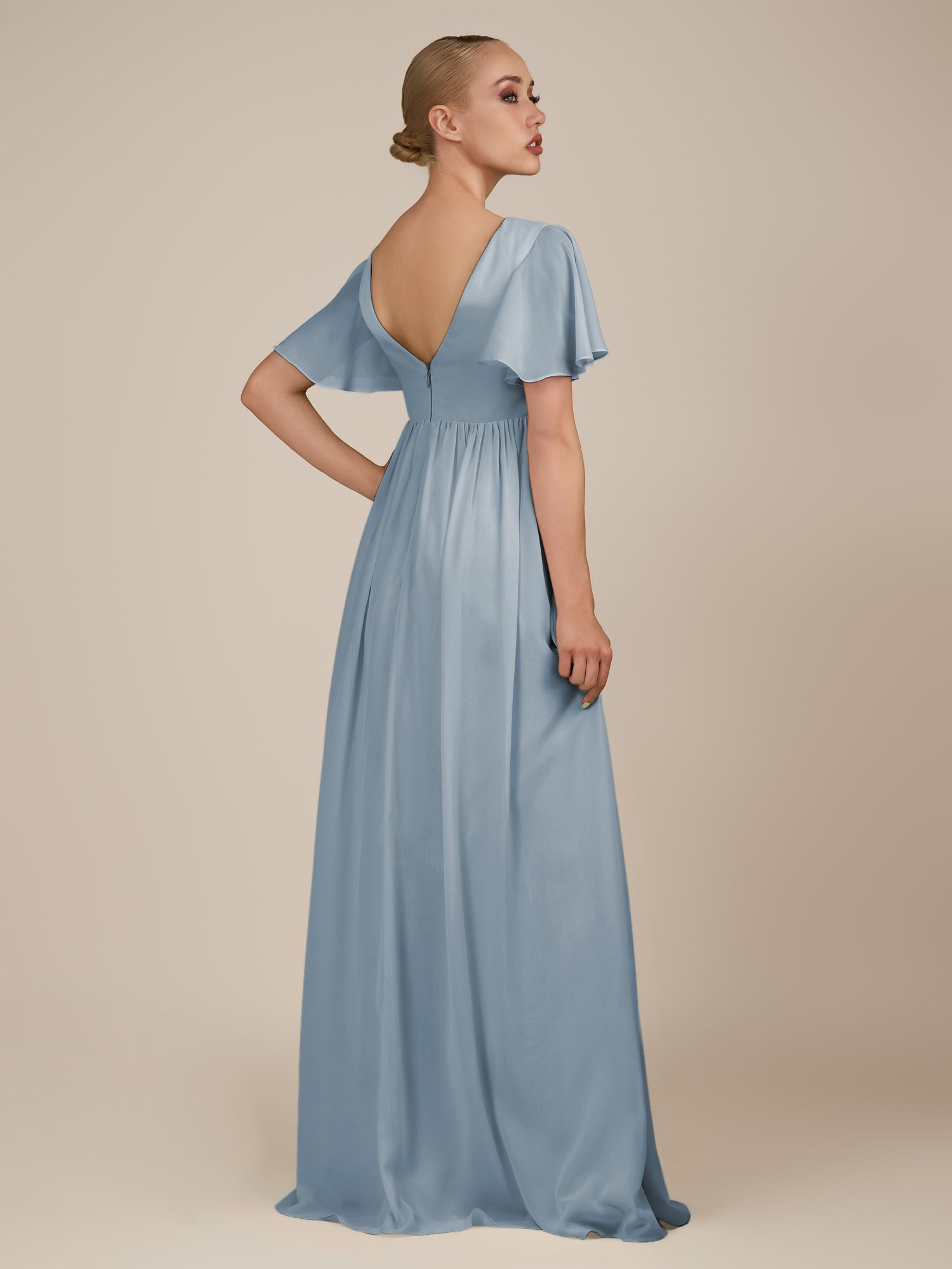 KissDress-Junia Dusty Blue A Line V Neck Chiffon Cap Sleeves Long Bridesmaid Dress with Slit