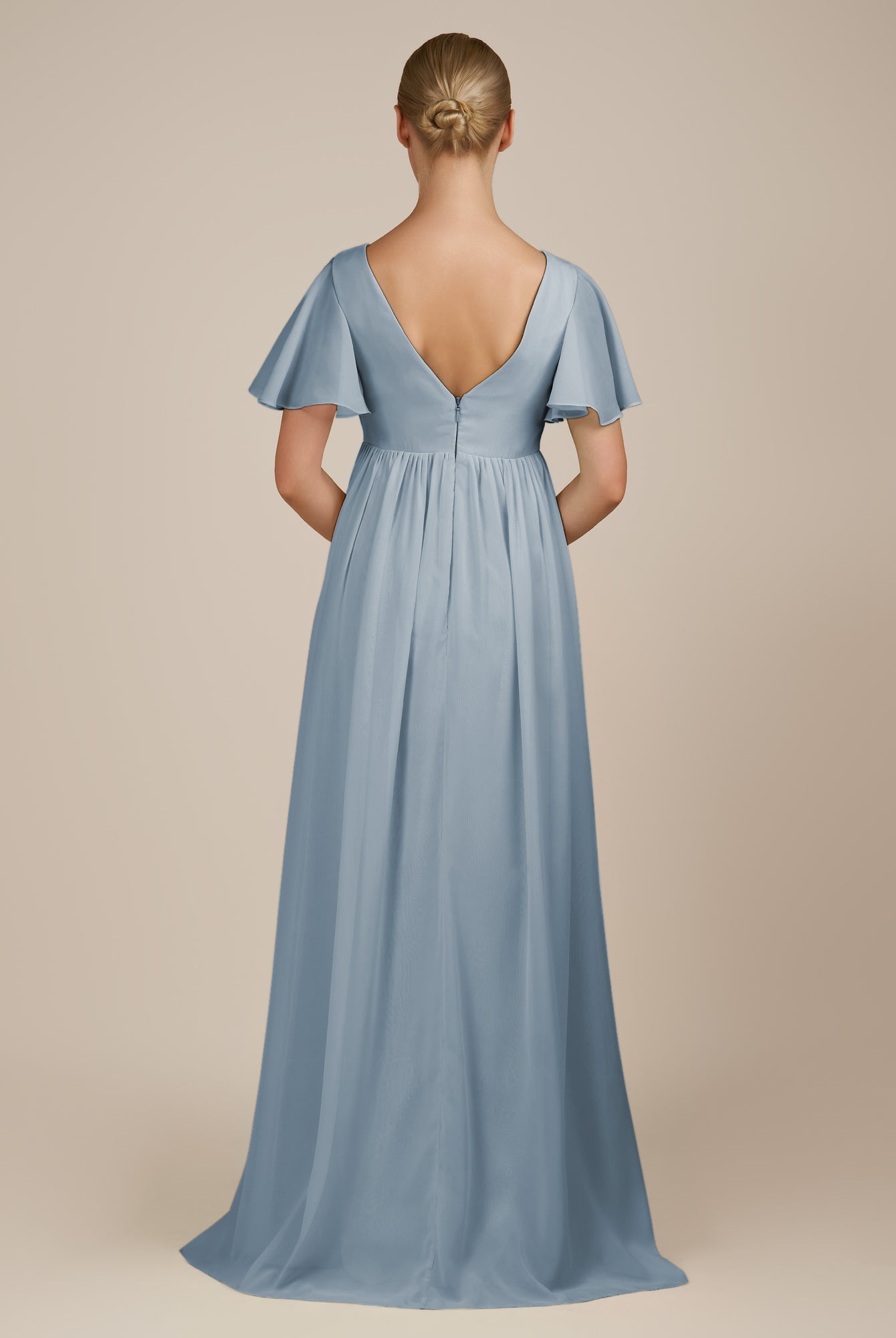 KissDress-Junia Dusty Blue A Line V Neck Chiffon Cap Sleeves Long Bridesmaid Dress with Slit