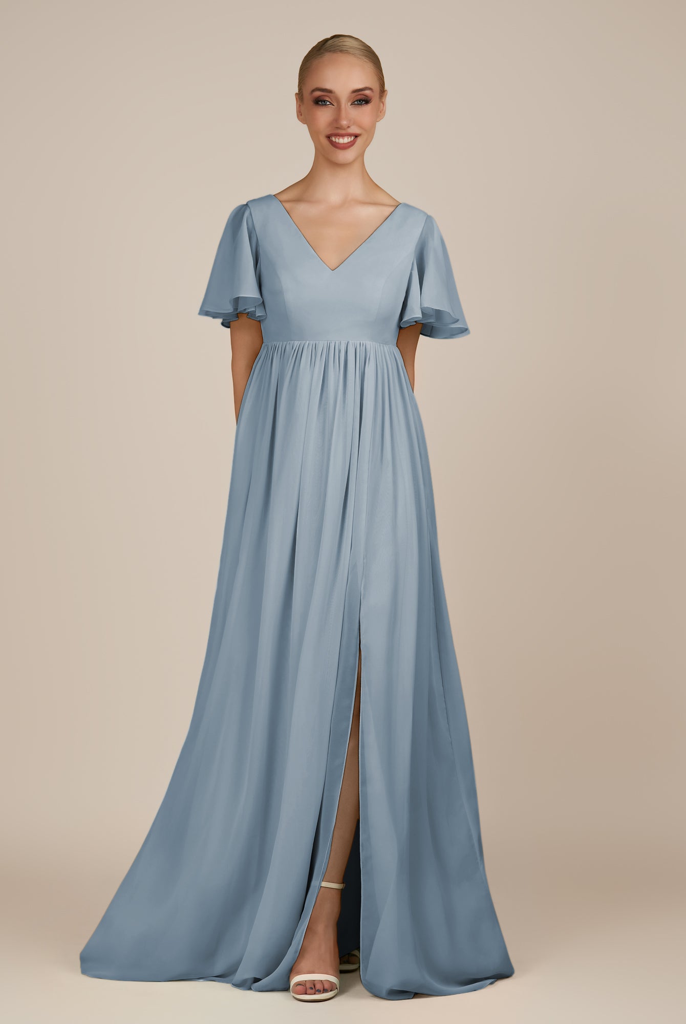 KissDress-Junia Dusty Blue A Line V Neck Chiffon Cap Sleeves Long Bridesmaid Dress with Slit