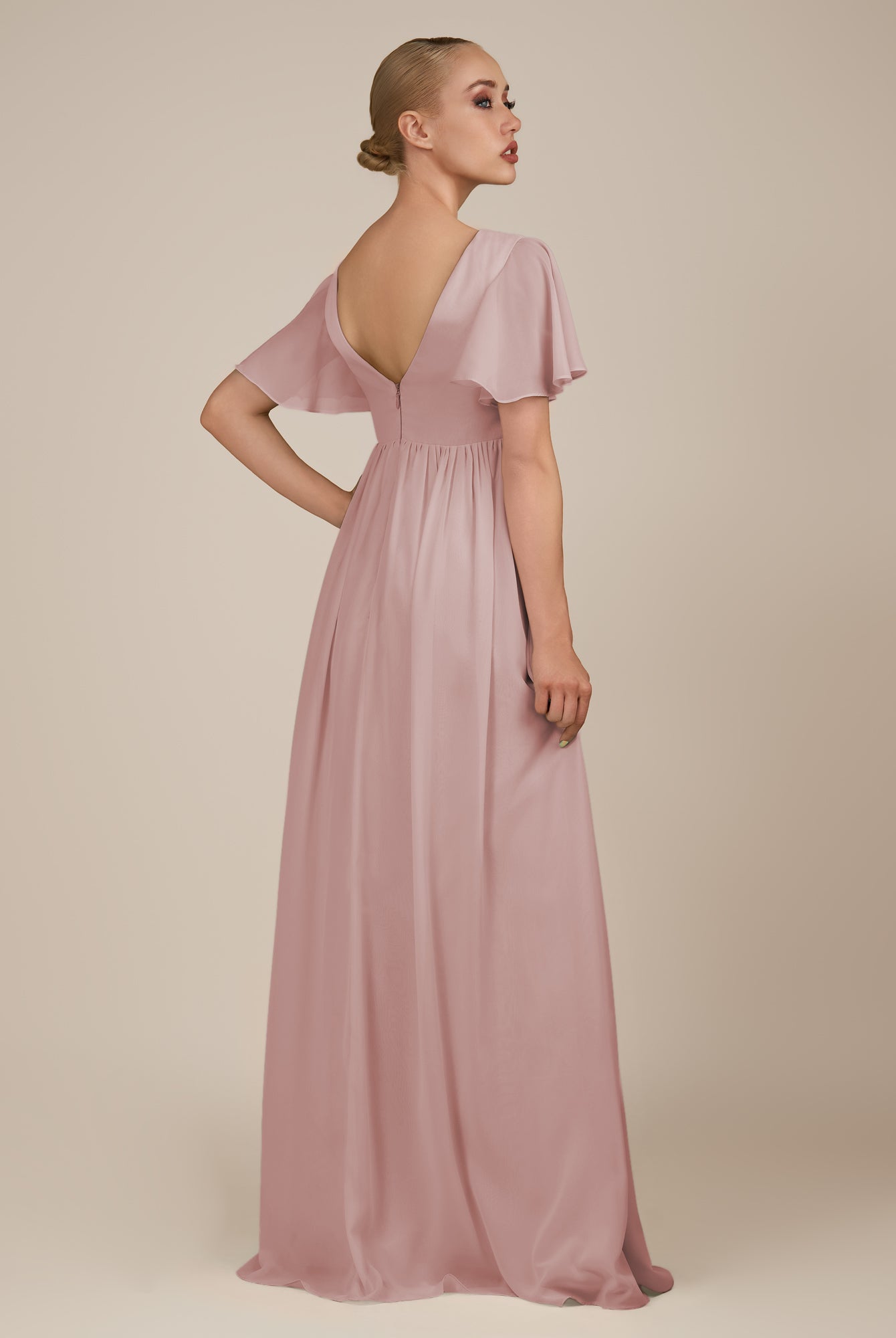 KissDress-Junia Dusty Rose A Line V Neck Chiffon Cap Sleeves Long Bridesmaid Dress with Slit